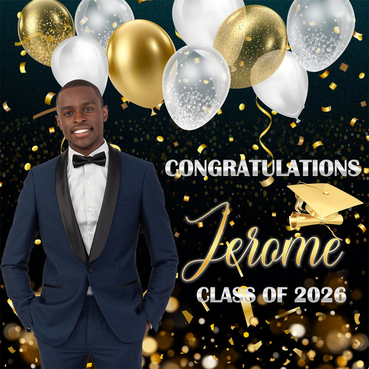 Graduation Party Backdrop Black Gold Balloons Confetti Personalized Graduation Backdrop RR63-26