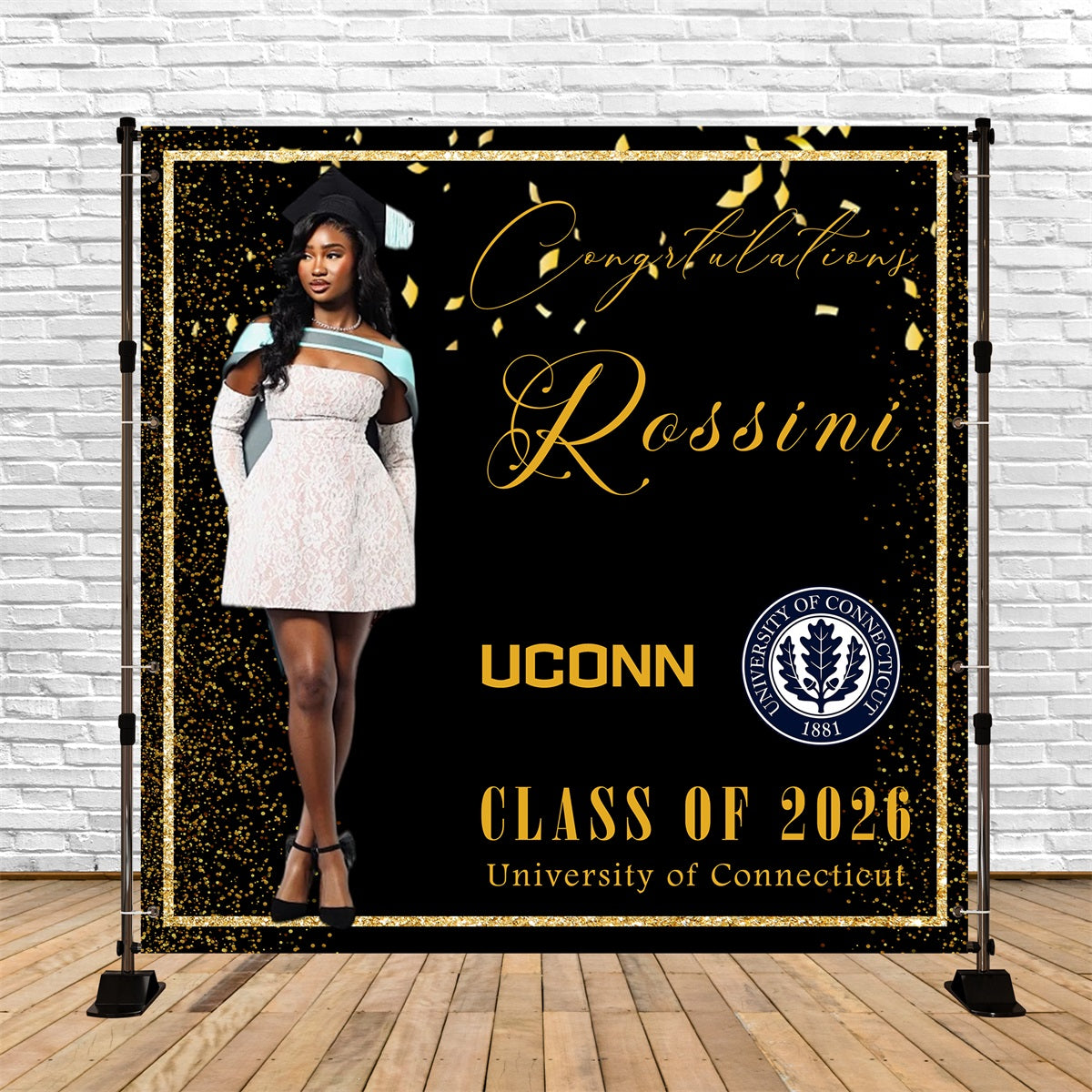 Black Gold Luxury Graduation Backdrop Stylish University Ceremony Customizable Graduation Backdrop RR63-36