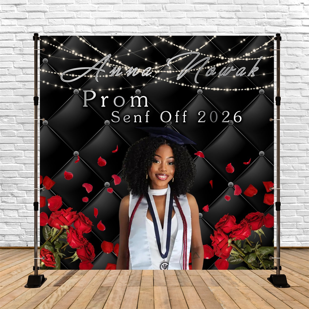 Black Prom Backdrop Elegant Rose Petals Lights Prom Send Off Backdrops RR63-38