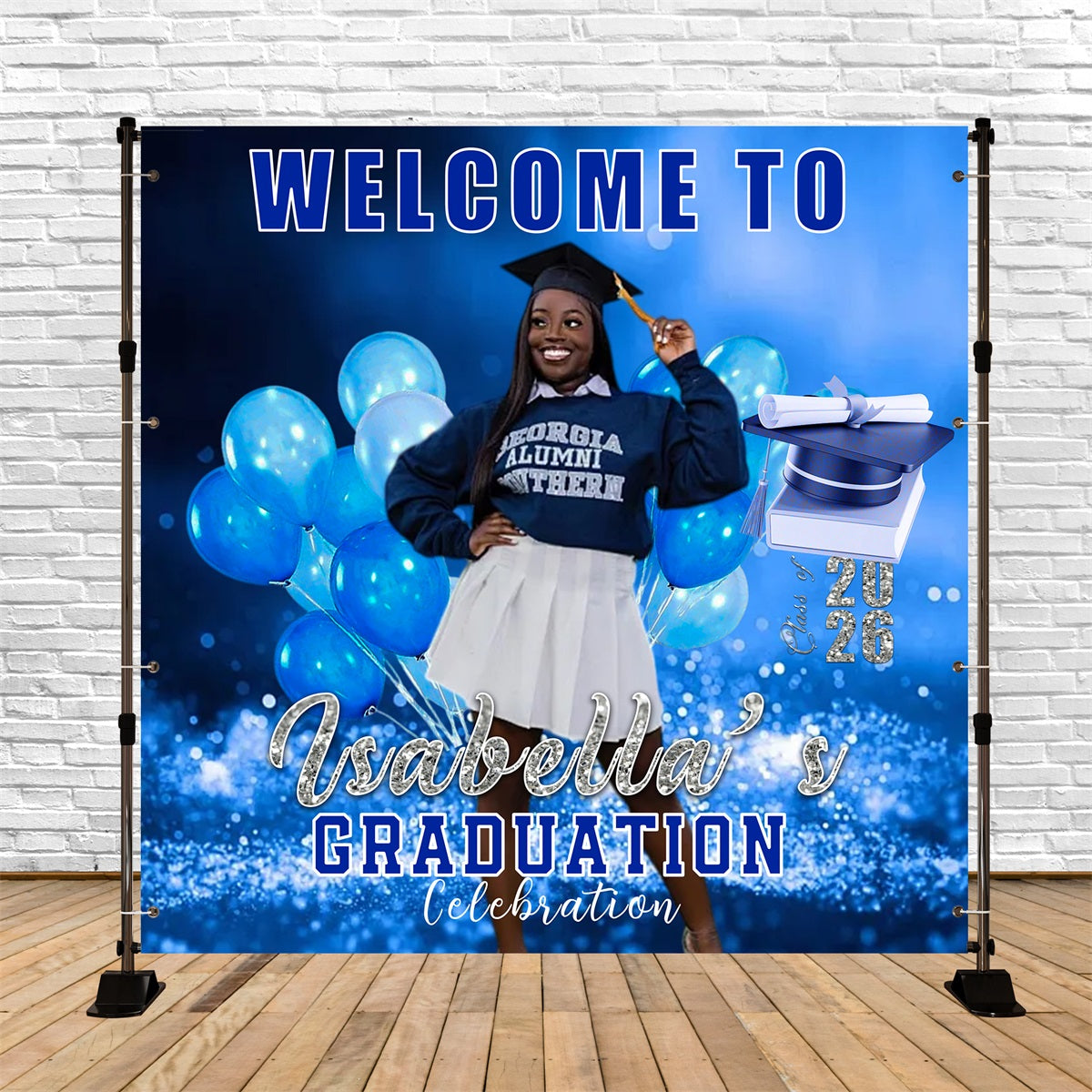 Balloons Graduation Backdrop Cap Blue Glitter Bokeh Backdrop For Graduation Party RR63-43