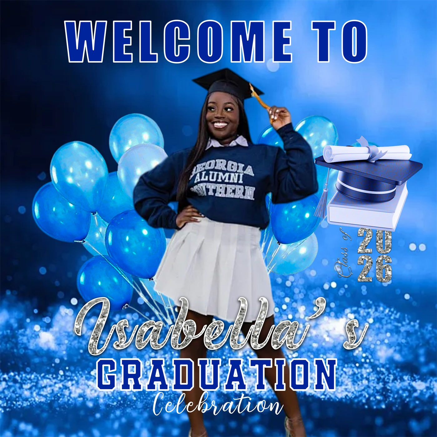 Balloons Graduation Backdrop Cap Blue Glitter Bokeh Backdrop For Graduation Party RR63-43