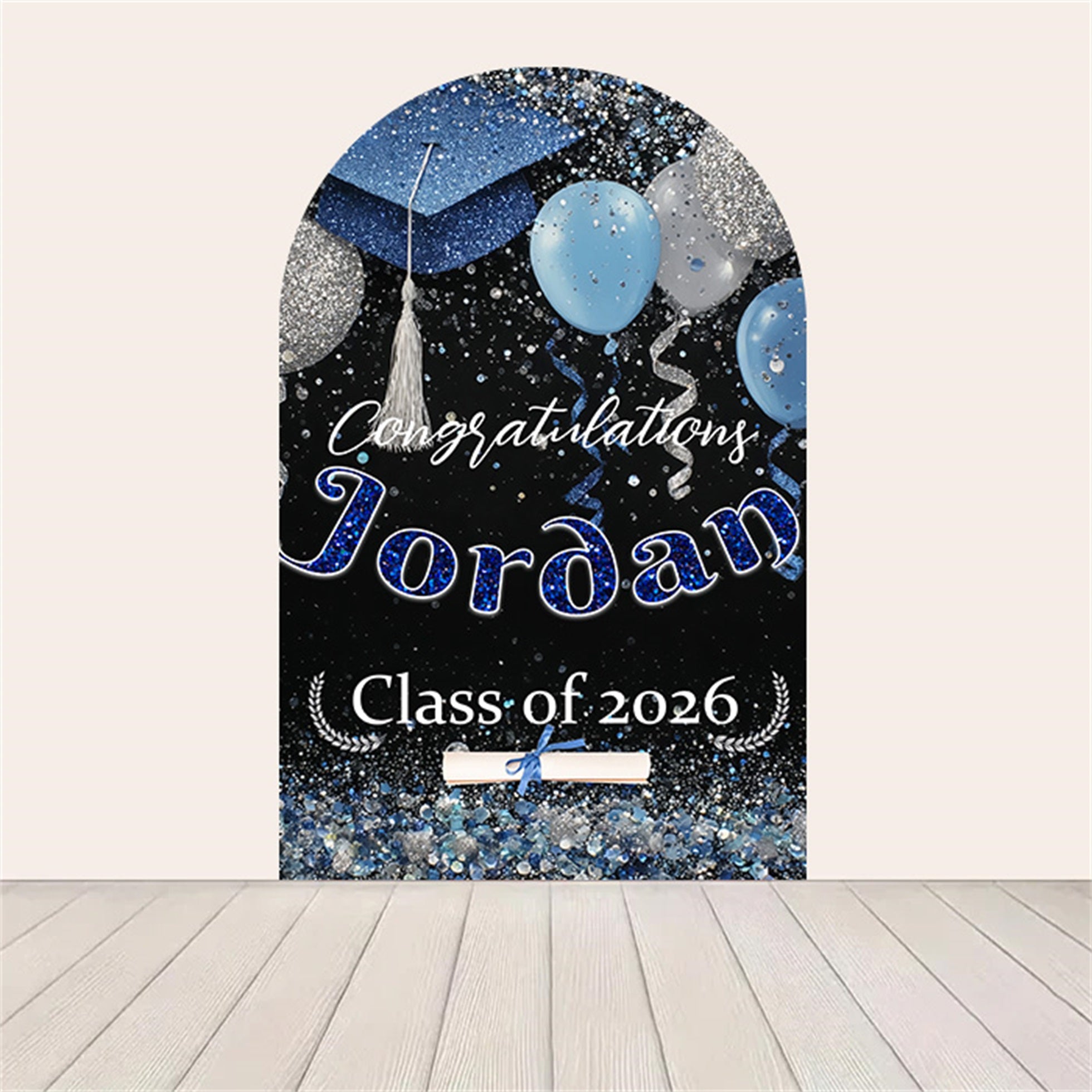 Blue Graduation Backdrop Silver Glitter Balloon Cap Custom Arch Backdrop Printing RR63-86