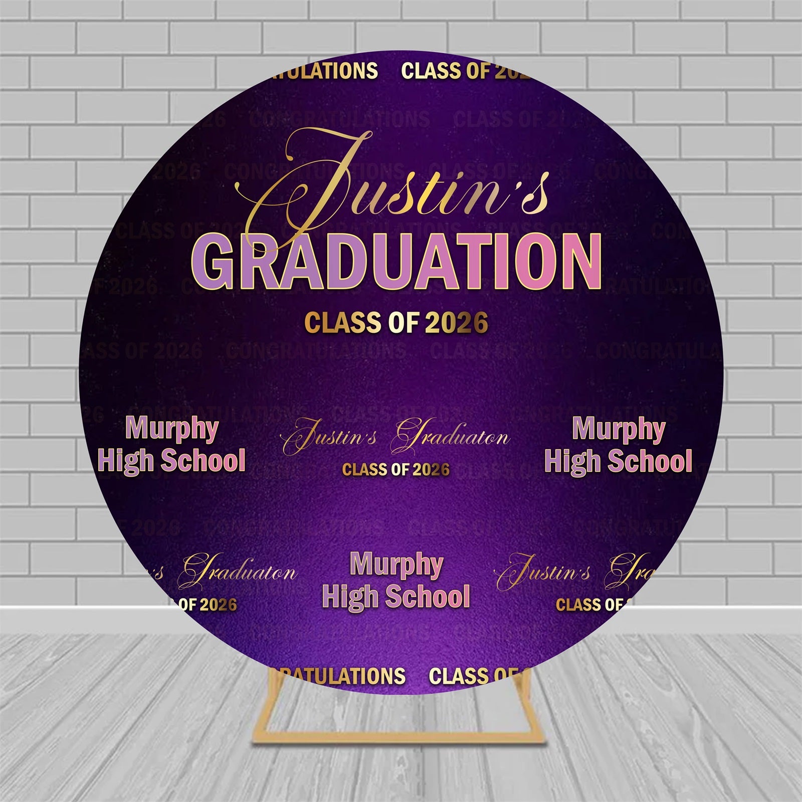 Step Repeat Wall Graduation Round Arch Backdrop Cover Purple Gold Elegant Class Of 2026 Backdrop RR63-93