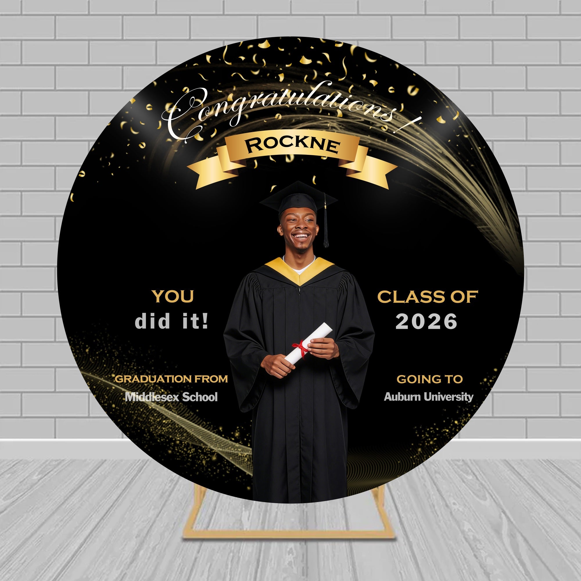 Confetti Graduation Round Backdrop Ideas Gold Ribbon Black Luxury Class Of 2026 Backdrop RR63-95