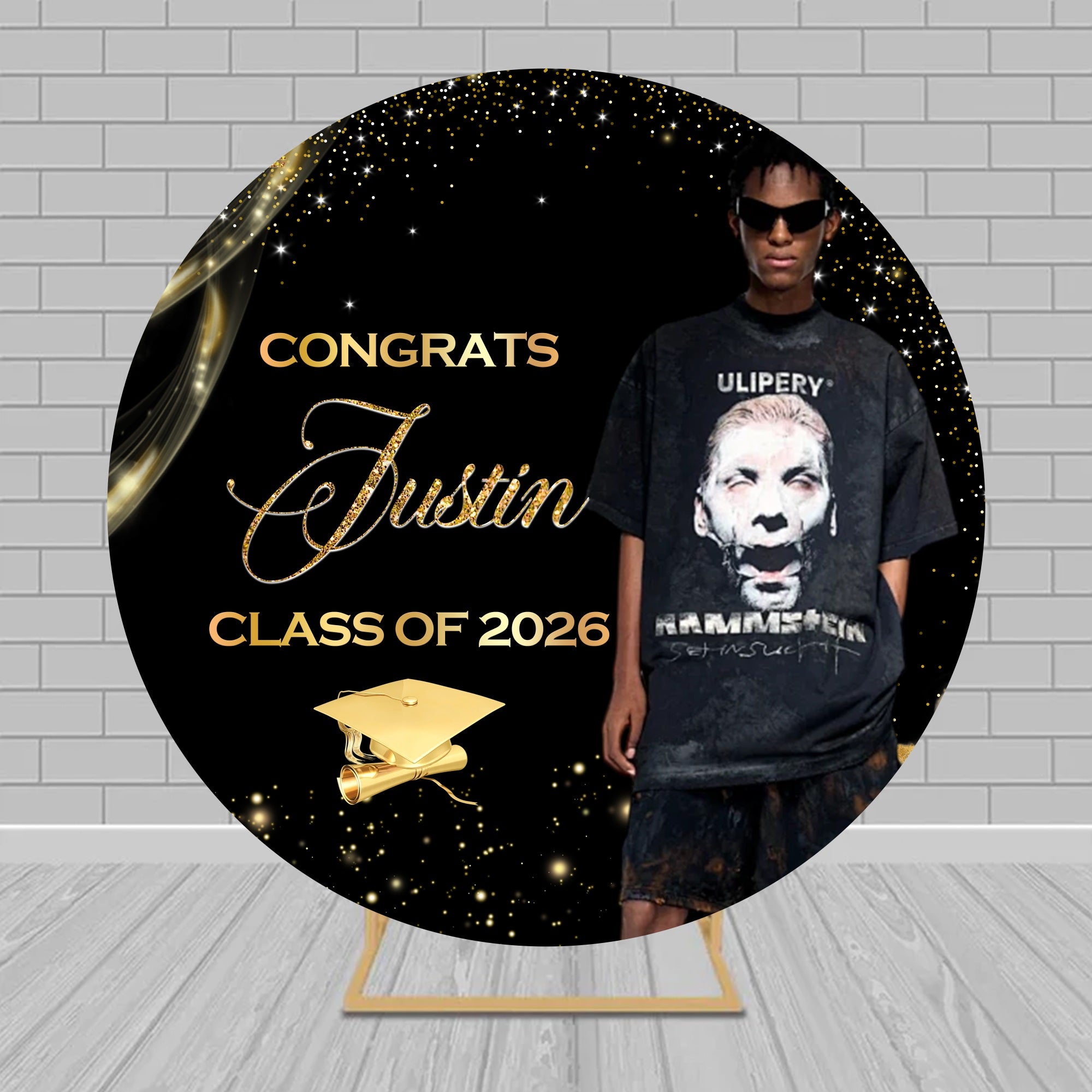 Hashtag Sign Graduation Backdrop Black Gold Sparkle Minimal Fashion Round Backdrops RR63-96