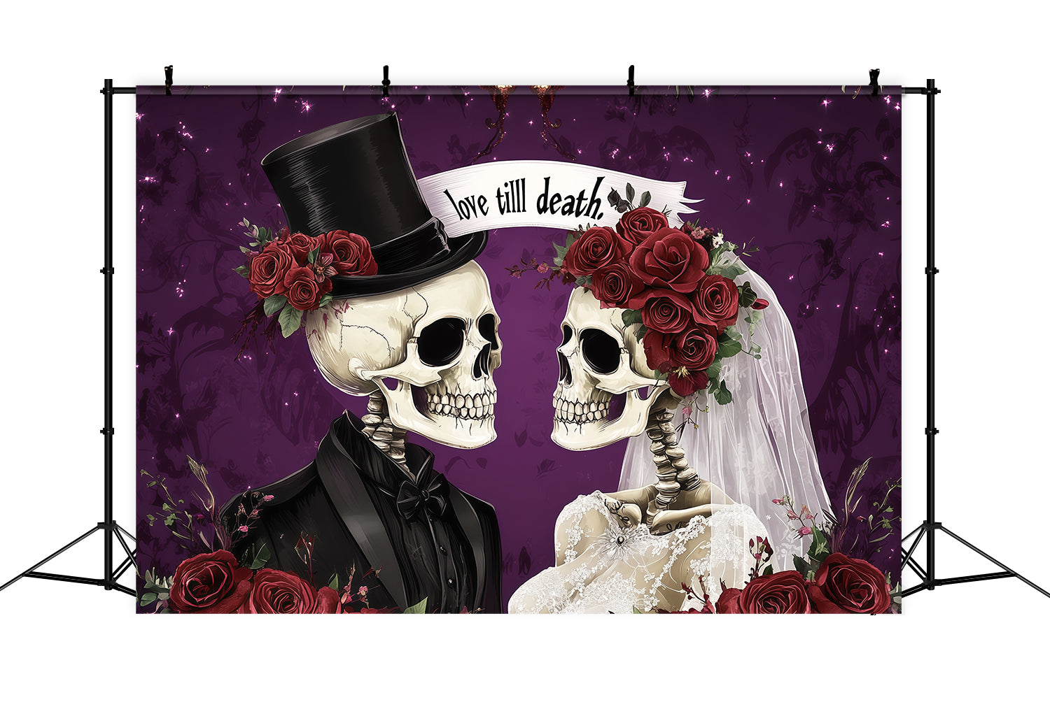 Halloween Wedding Backdrop Skeleton Couples Rose Couple Halloween Photo Backdrop RR67-103