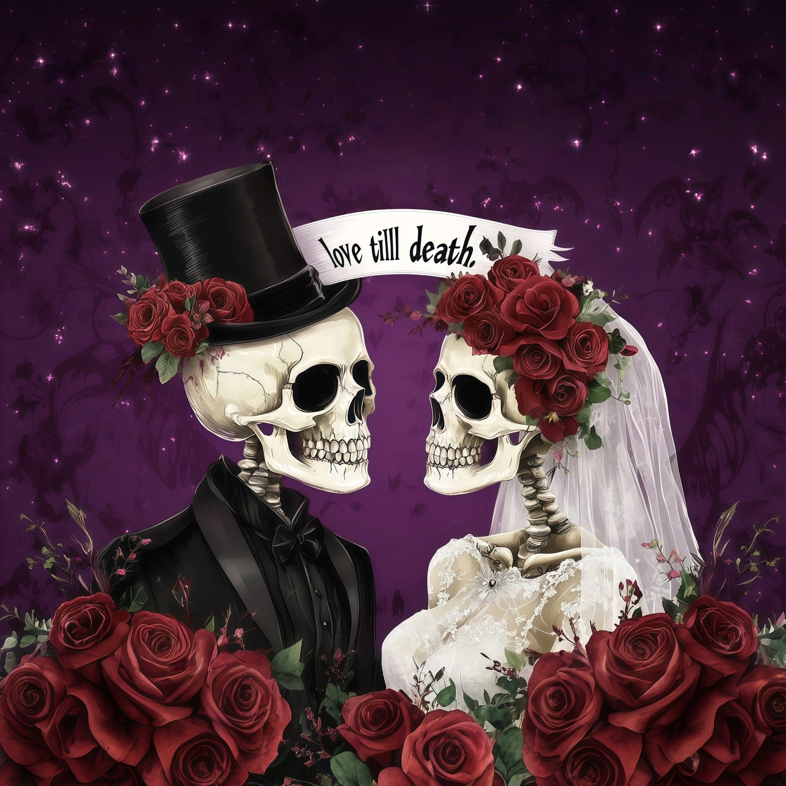 Halloween Wedding Backdrop Skeleton Couples Rose Couple Halloween Photo Backdrop RR67-103