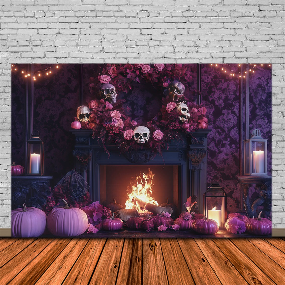 Halloween Theme Backdrop Skull Rose Fireplace Mantel Halloween Backdrop For Photos RR67-104