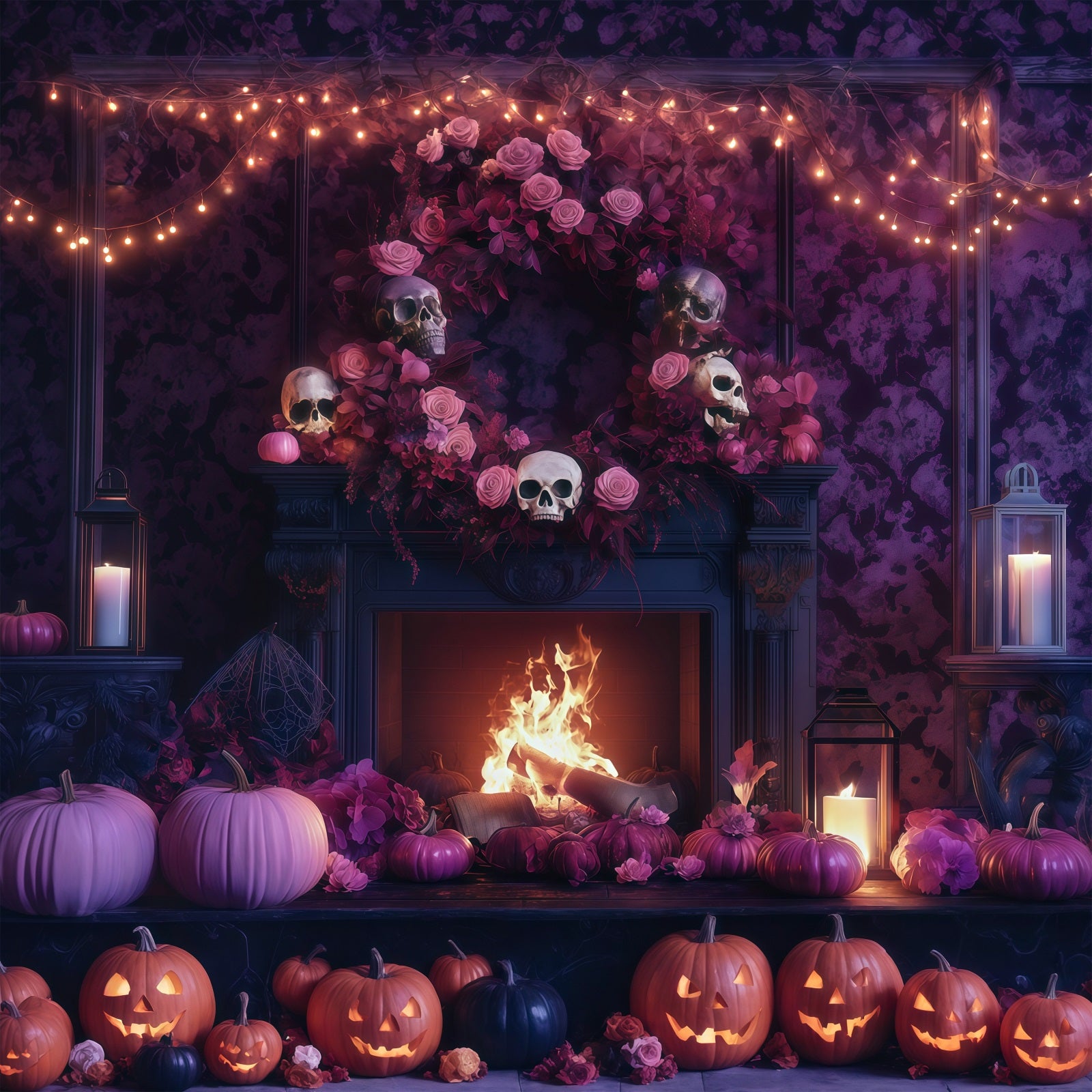 Halloween Theme Backdrop Skull Rose Fireplace Mantel Halloween Backdrop For Photos RR67-104