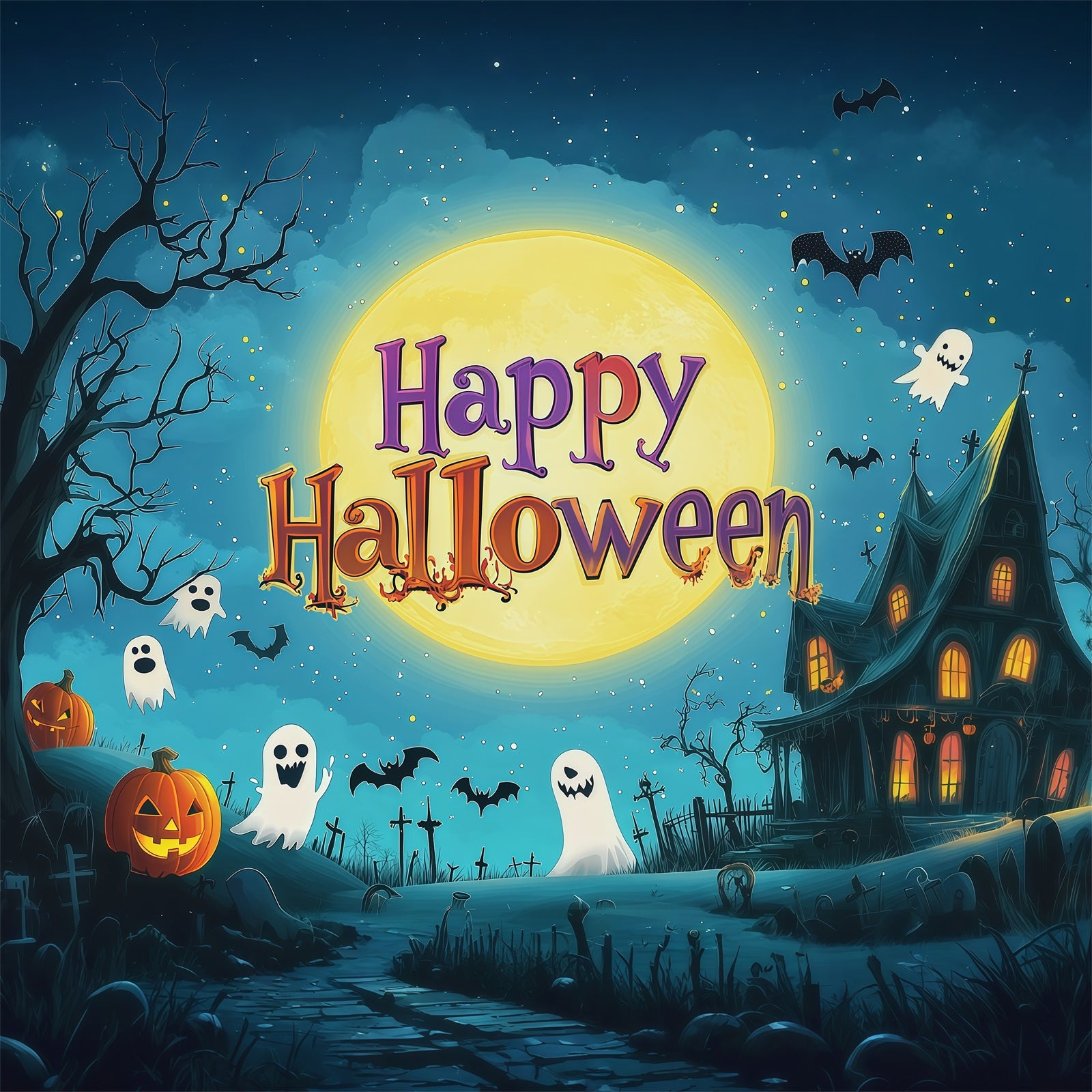 Halloween Party Backdrops Cartoon Moon Ghost House Halloween Photo Booth Backdrop RR67-107