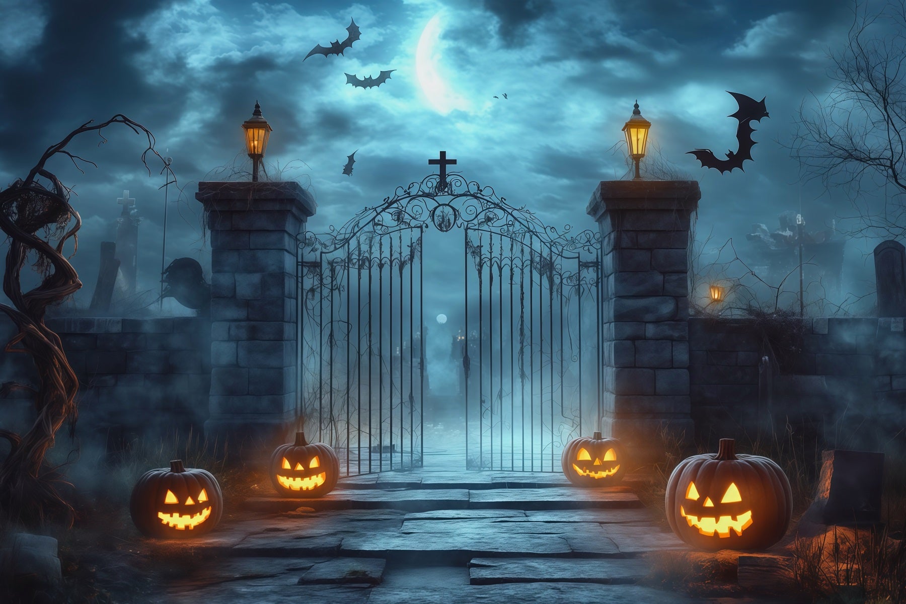 Halloween Outdoor Backdrop Foggy Cemetery Gate Pumpkins Halloween Backdrops For Photos RR67-11