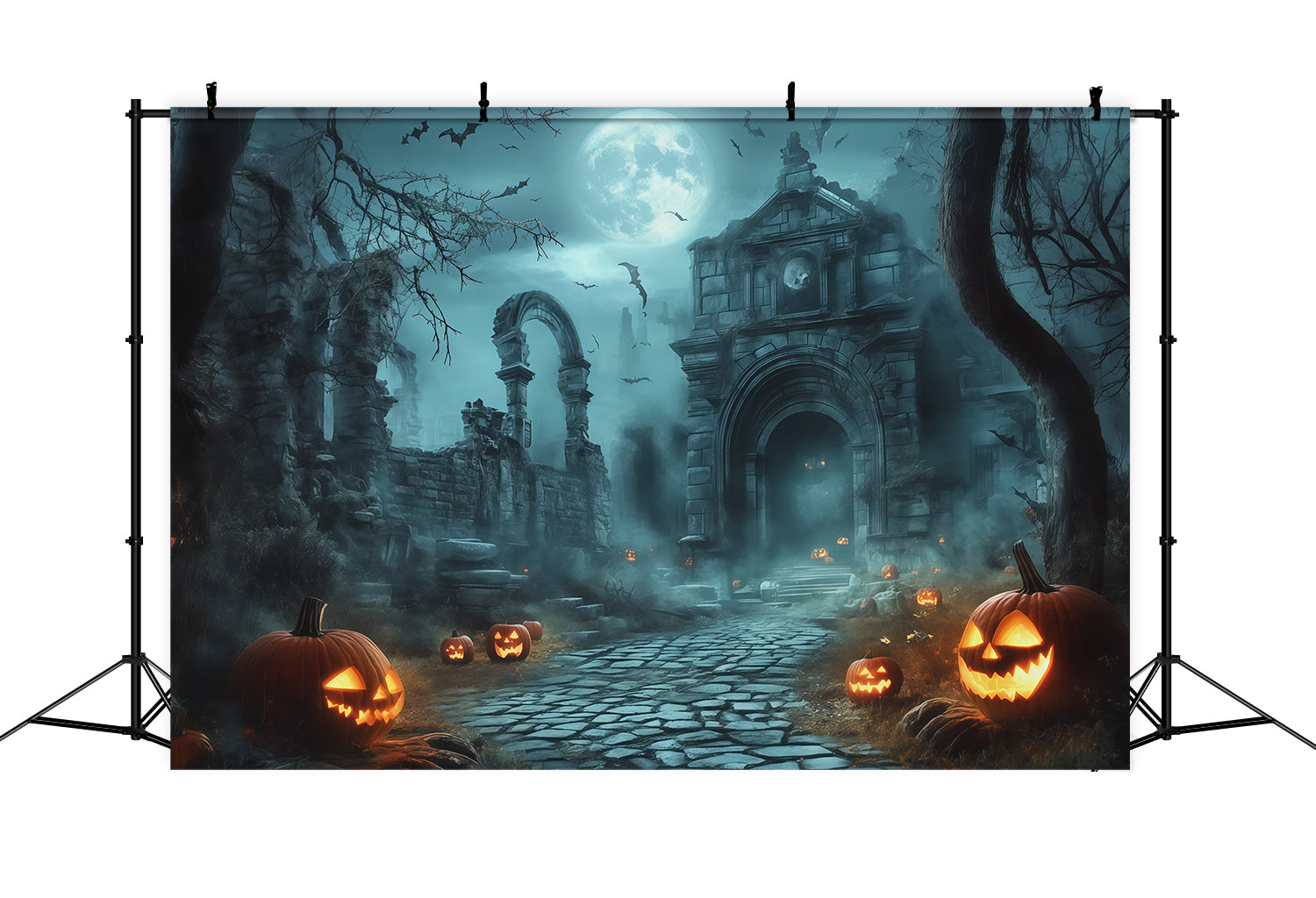 Halloween Outdoor Backdrop Moonlit Ruins Pumpkin Path Halloween Backdrops For Photos RR67-111