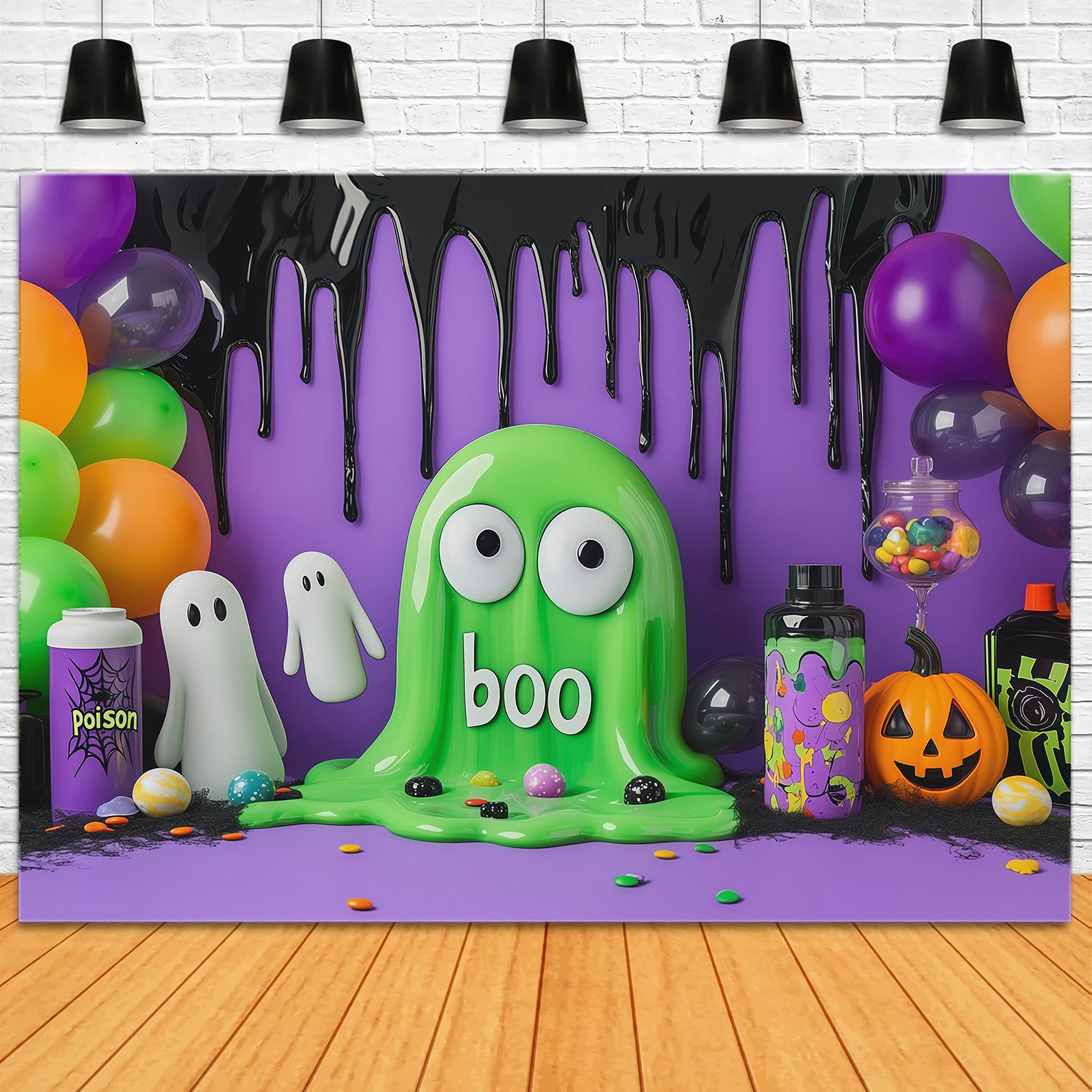 Cute Halloween Photo Backdrop Green Slime Ghost Party Backdrop Halloween RR67-113