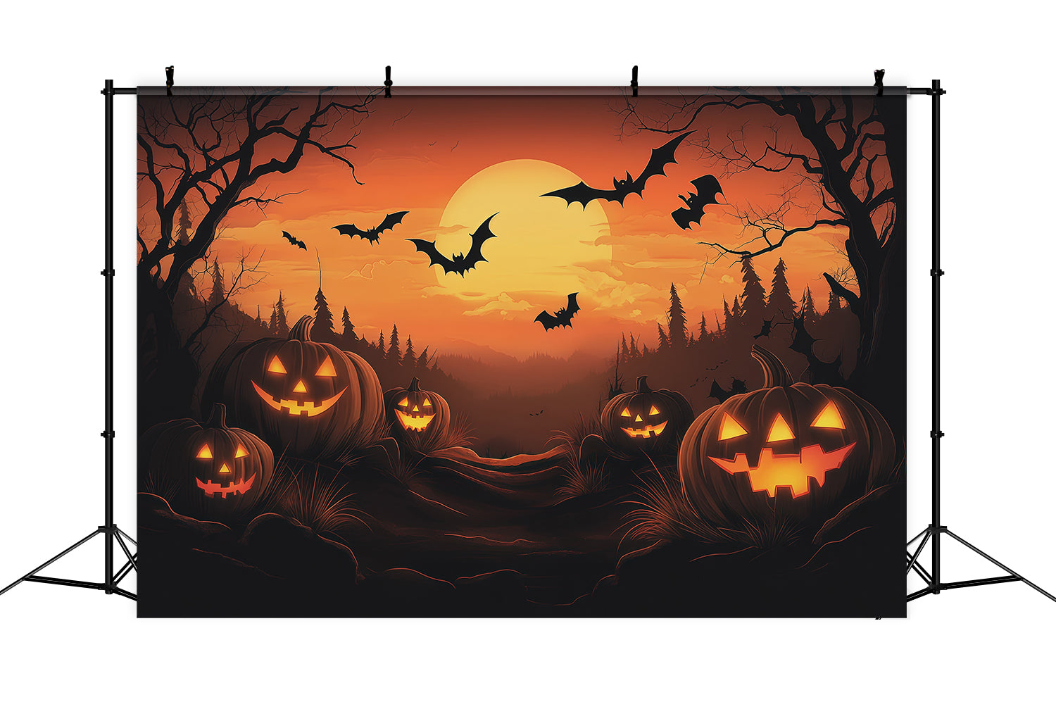 Photo Booth Halloween Backdrop Ideas Sunset Pumpkin Bat Forest Halloween Picture Backdrop RR67-115