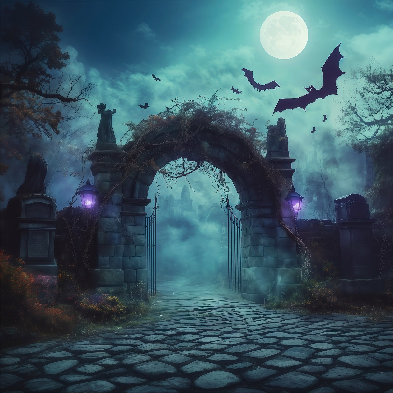 Halloween Backdrop Outdoor Foggy Cemetery Stone Arch Photo Backdrop Halloween RR67-121