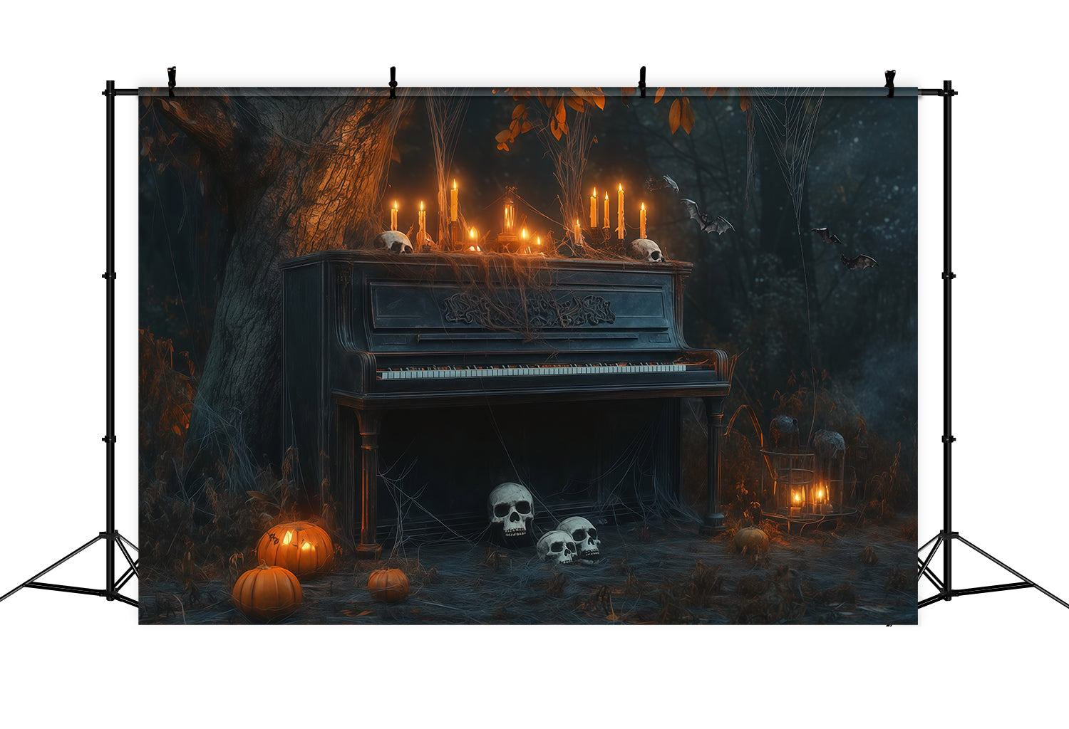 Halloween Graveyard Backdrops Candlelit Piano Skull Forest Photo Booth Halloween Backdrop RR67-122