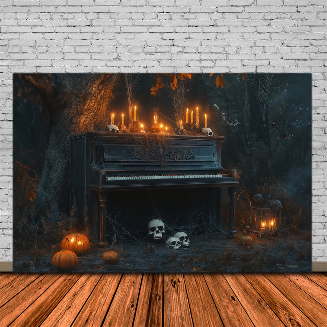 Halloween Graveyard Backdrops Candlelit Piano Skull Forest Photo Booth Halloween Backdrop RR67-122