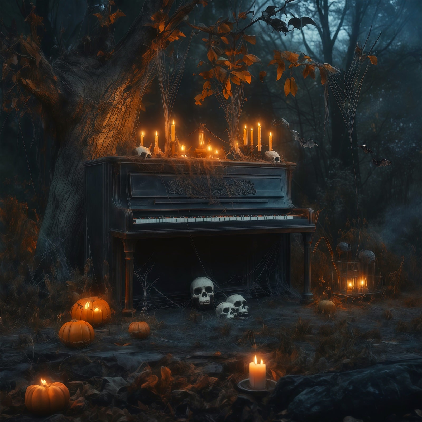 Halloween Graveyard Backdrops Candlelit Piano Skull Forest Photo Booth Halloween Backdrop RR67-122