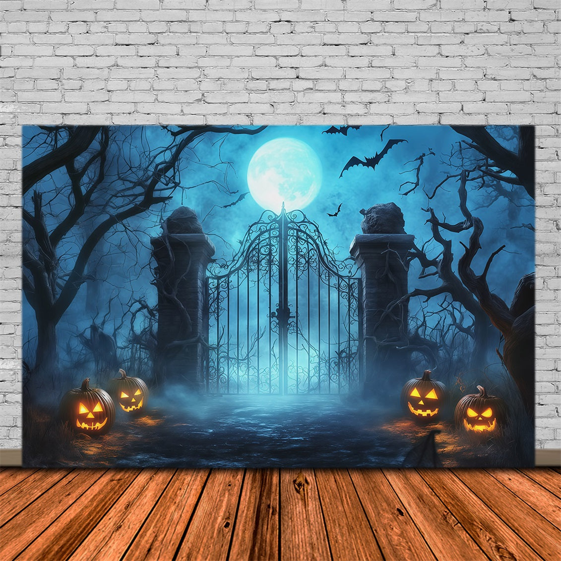 Halloween Spooky Backdrop Moonlit Fog Cemetery Gate Spooky Halloween Backdrops RR67-124