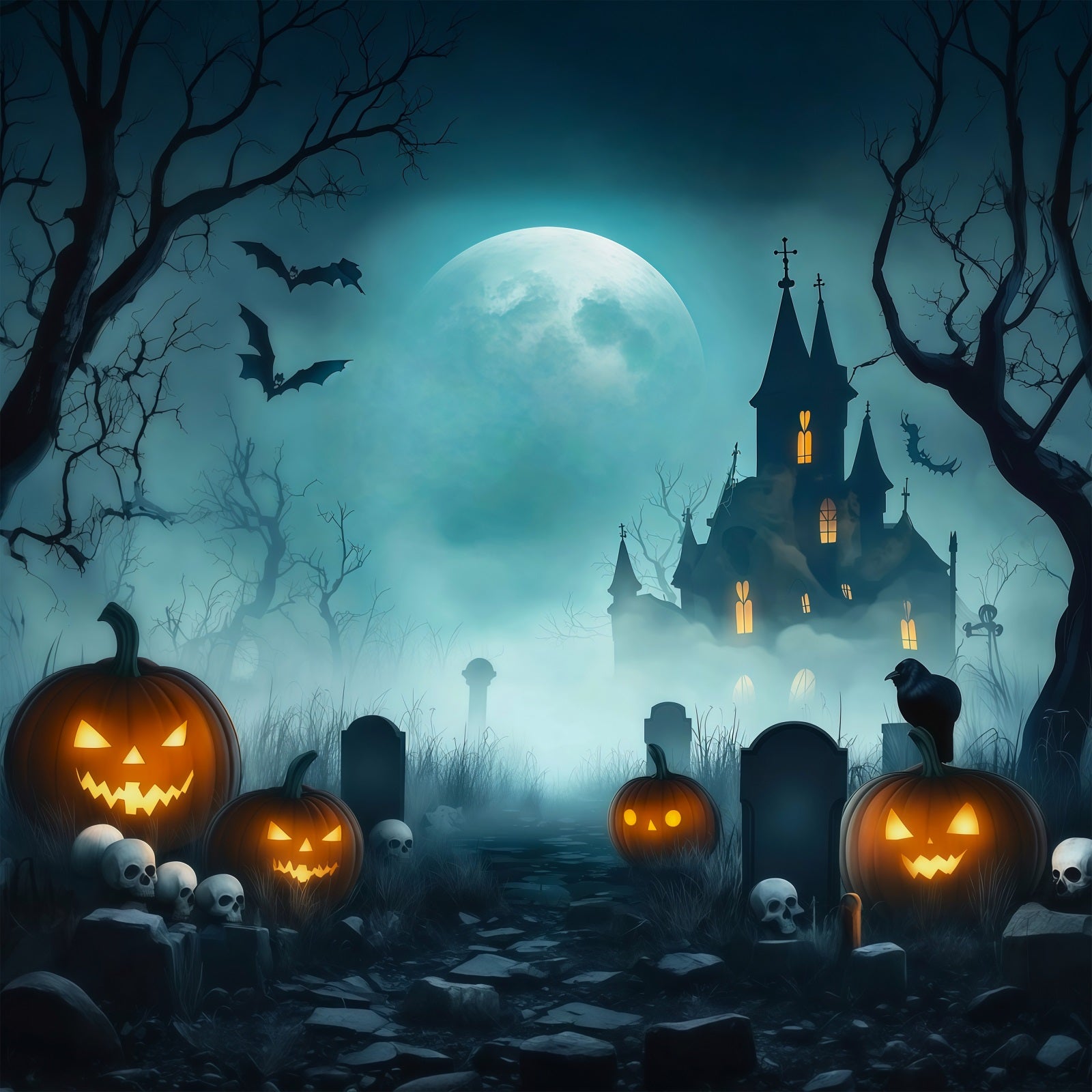 Halloween Garage Backdrop Misty Pumpkin Haunted House Backdrops For Halloween RR67-125