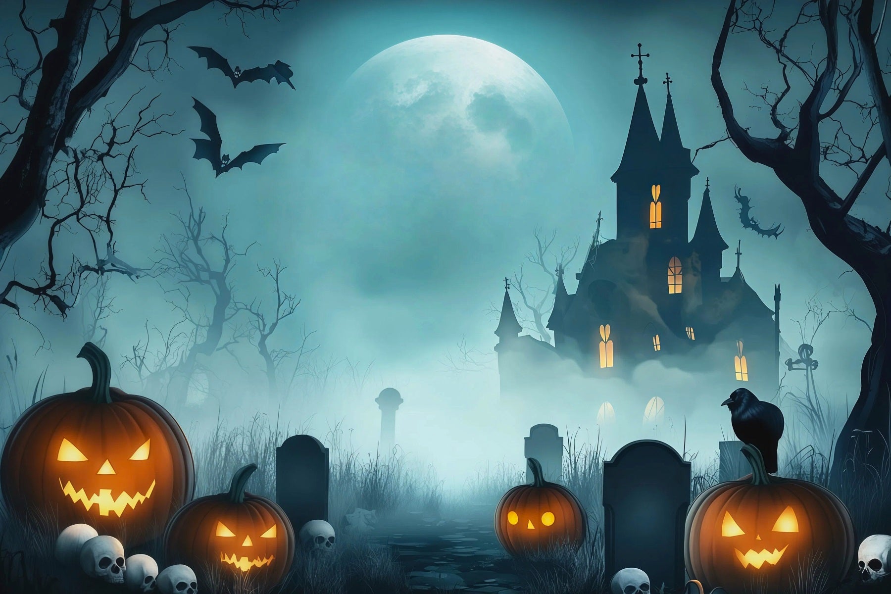 Halloween Garage Backdrop Misty Pumpkin Haunted House Backdrops For Halloween RR67-125