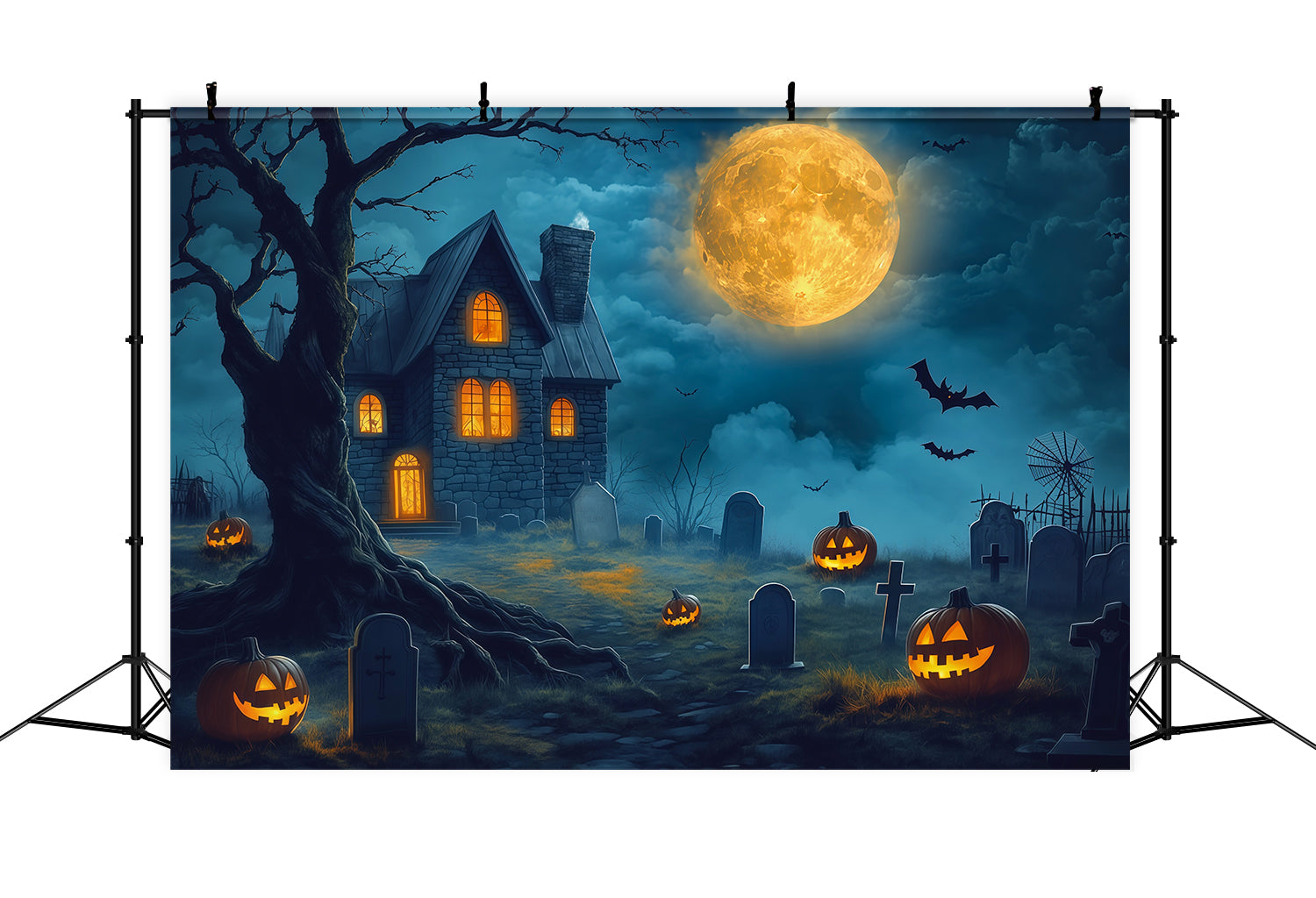 Halloween House Backdrop Golden Moon Haunted Graveyard Halloween Cemetery Backdrop RR67-127