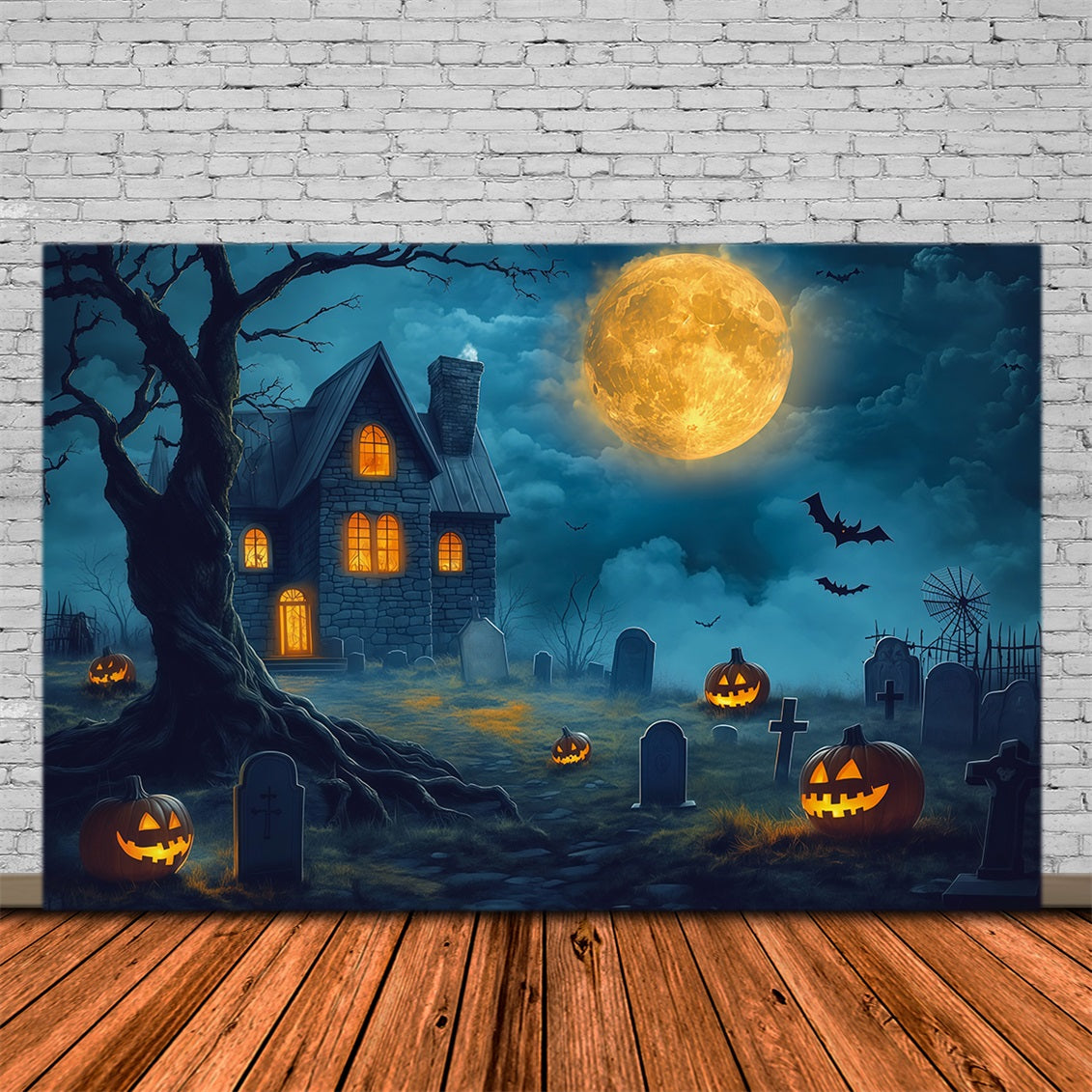 Halloween House Backdrop Golden Moon Haunted Graveyard Halloween Cemetery Backdrop RR67-127