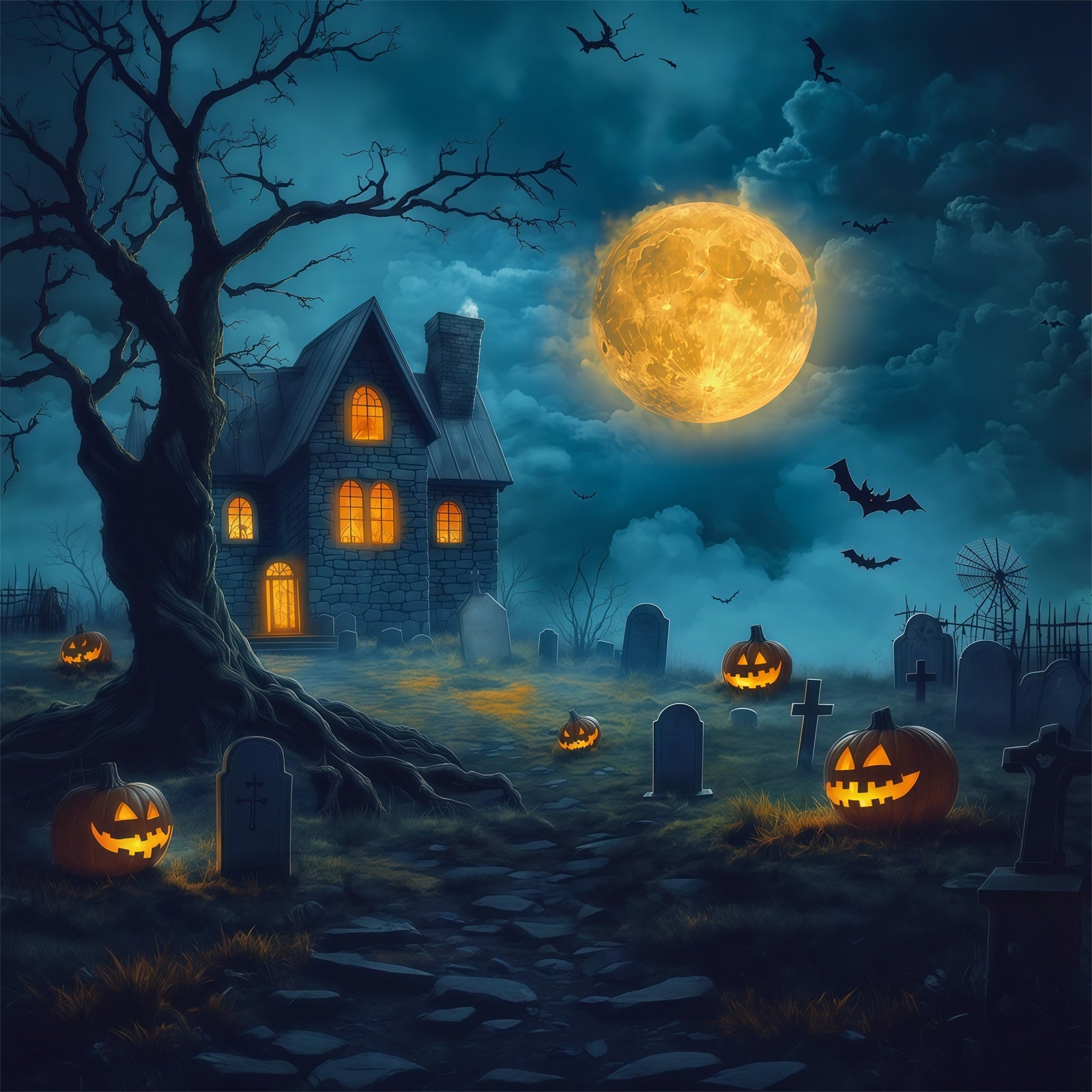 Halloween House Backdrop Golden Moon Haunted Graveyard Halloween Cemetery Backdrop RR67-127