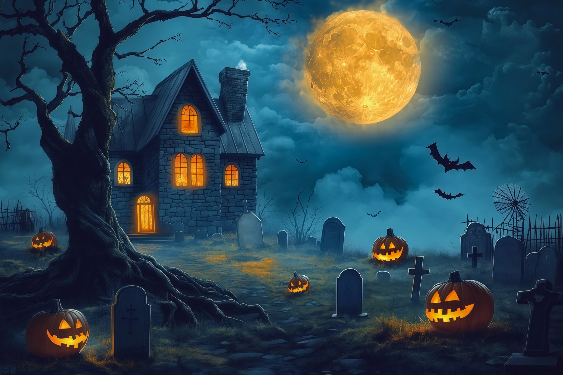 Halloween House Backdrop Golden Moon Haunted Graveyard Halloween Cemetery Backdrop RR67-127