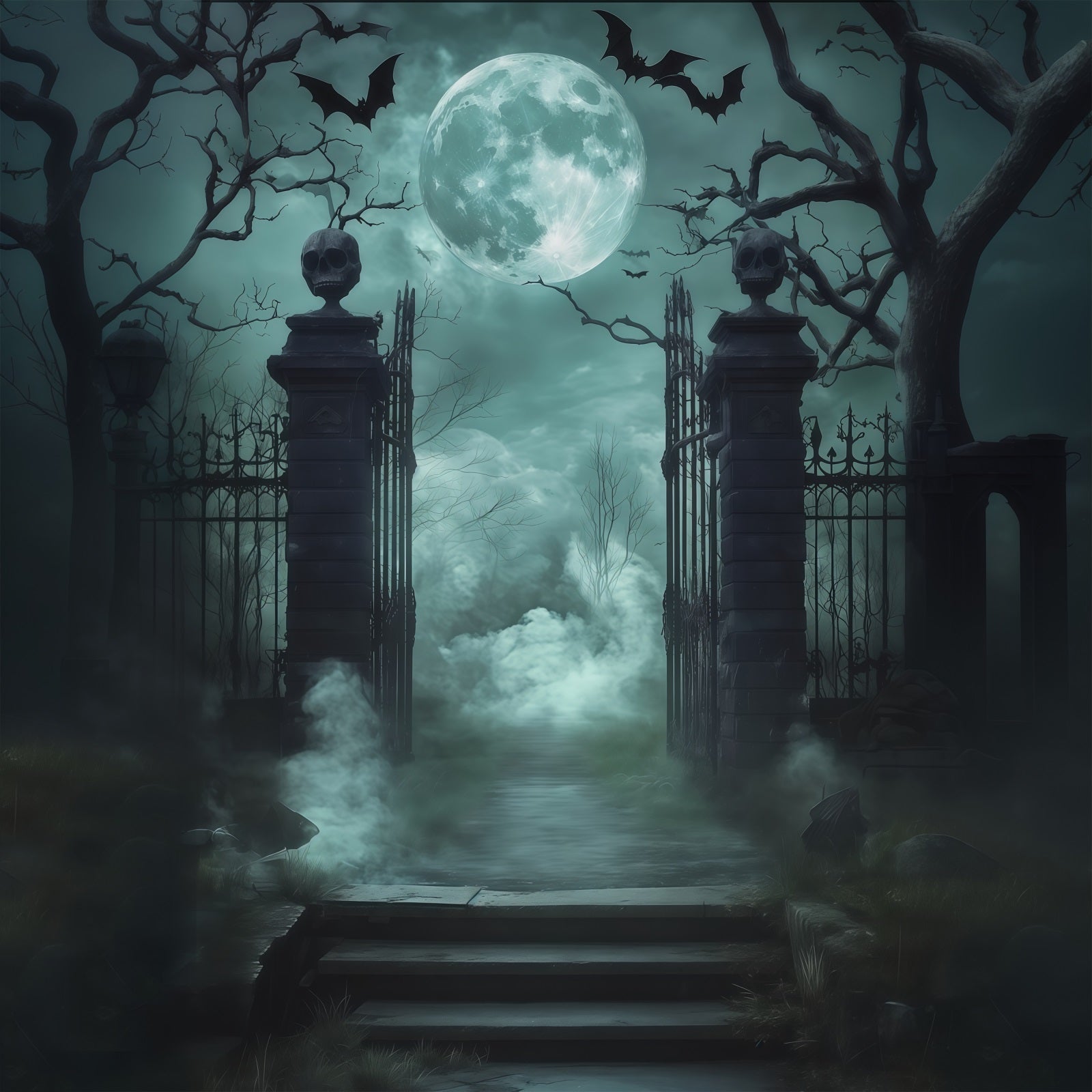 Scary Halloween Backdrop Ideas Skull Gate Foggy Cemetery Halloween Photoshoot Backdrop RR67-128