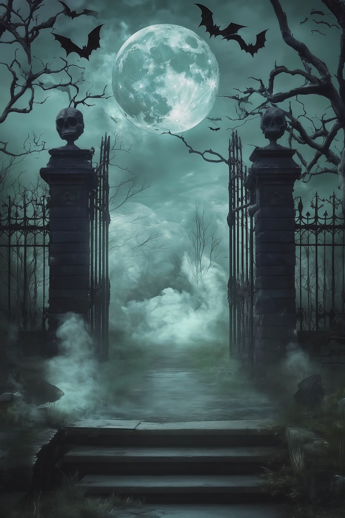 Scary Halloween Backdrop Ideas Skull Gate Foggy Cemetery Halloween Photoshoot Backdrop RR67-128