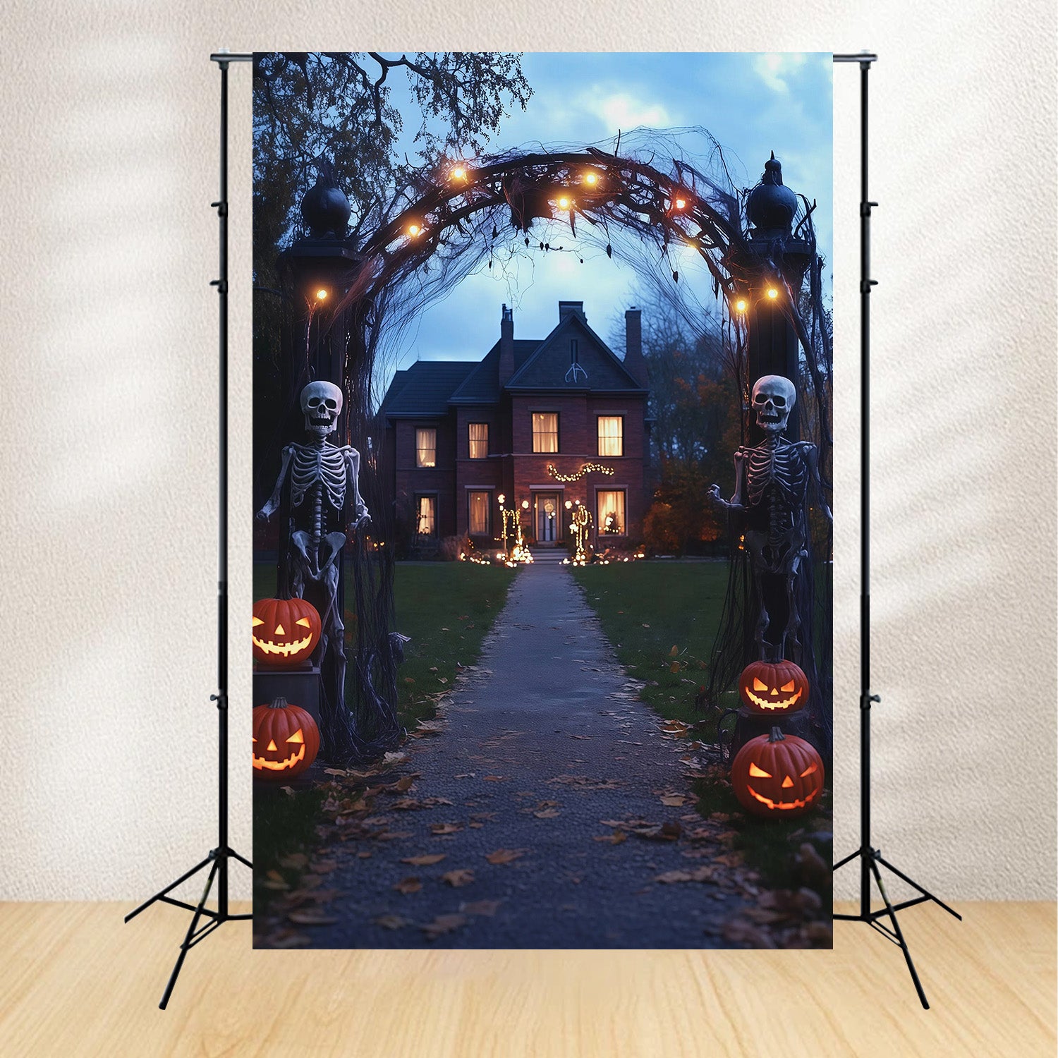 Fabric Halloween Backdrop Skeleton Arch Pumpkin Path Halloween Backdrop For Pictures RR67-129
