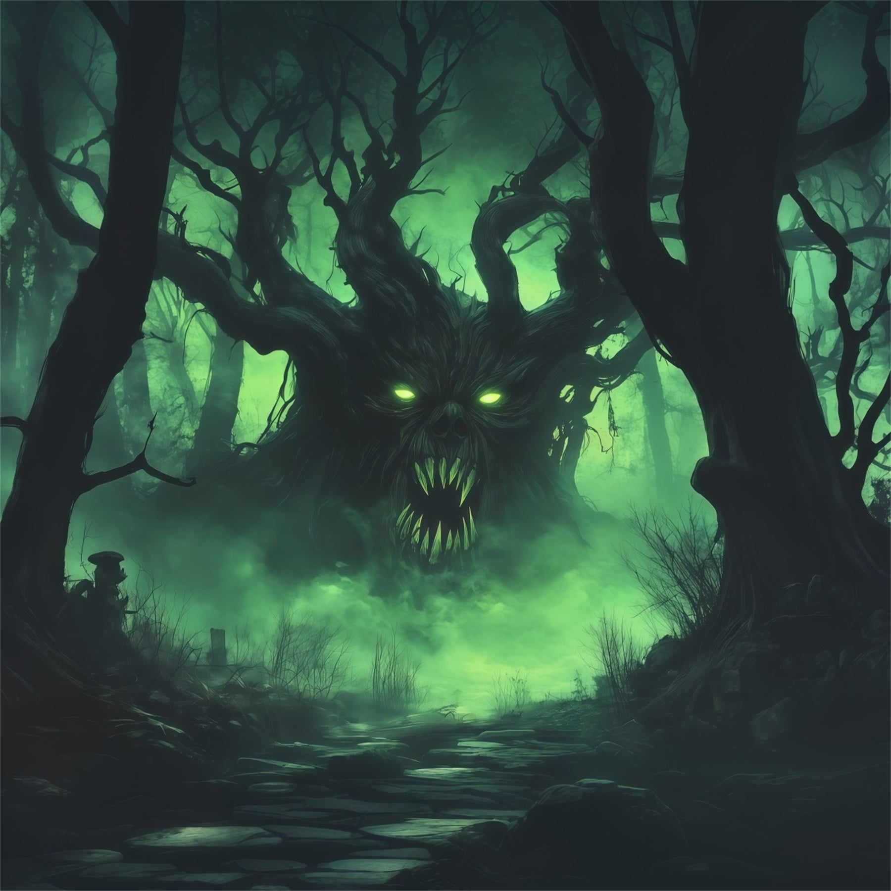 Halloween Forest Backdrop Green Mist Tree Monster Vintage Halloween Backdrop RR67-132
