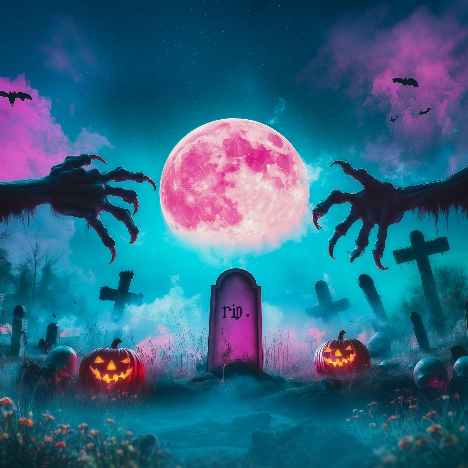Custom Halloween Backdrop Pink Moon Graveyard Claws Halloween Graveyard Backdrop RR67-14