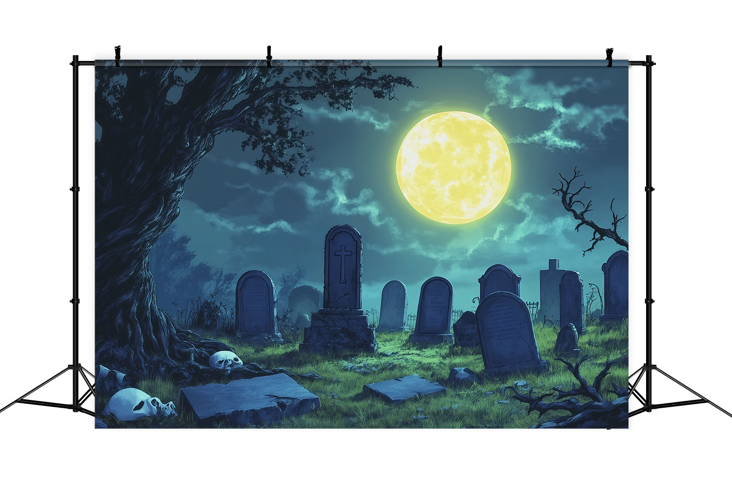 Halloween Cloth Backdrop Moonlit Skull Clearing Graveyard Halloween Backdrops RR67-142
