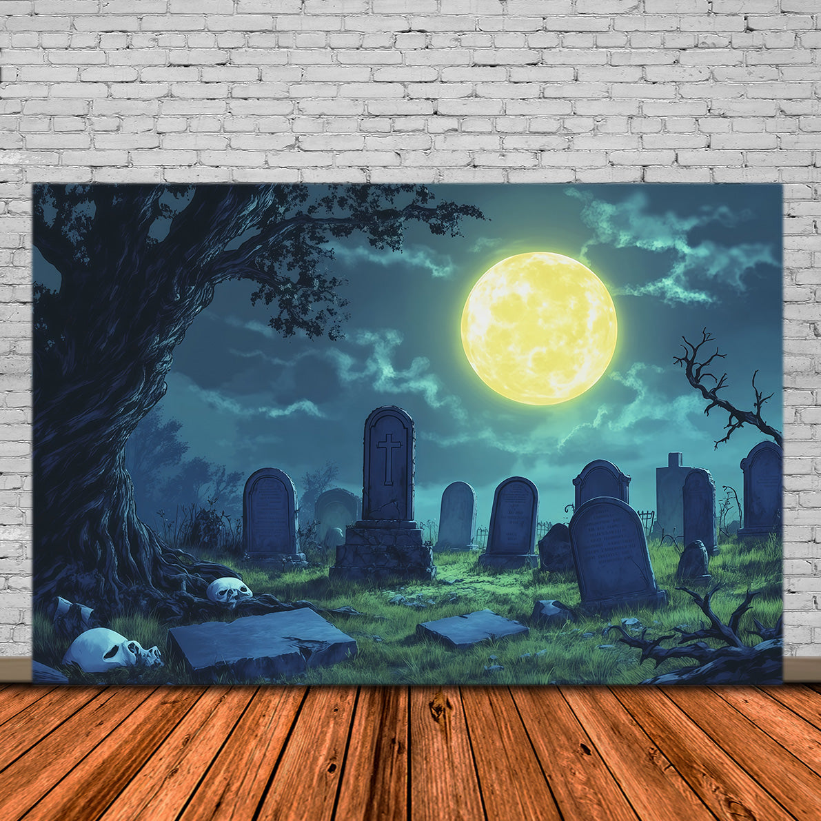 Halloween Cloth Backdrop Moonlit Skull Clearing Graveyard Halloween Backdrops RR67-142