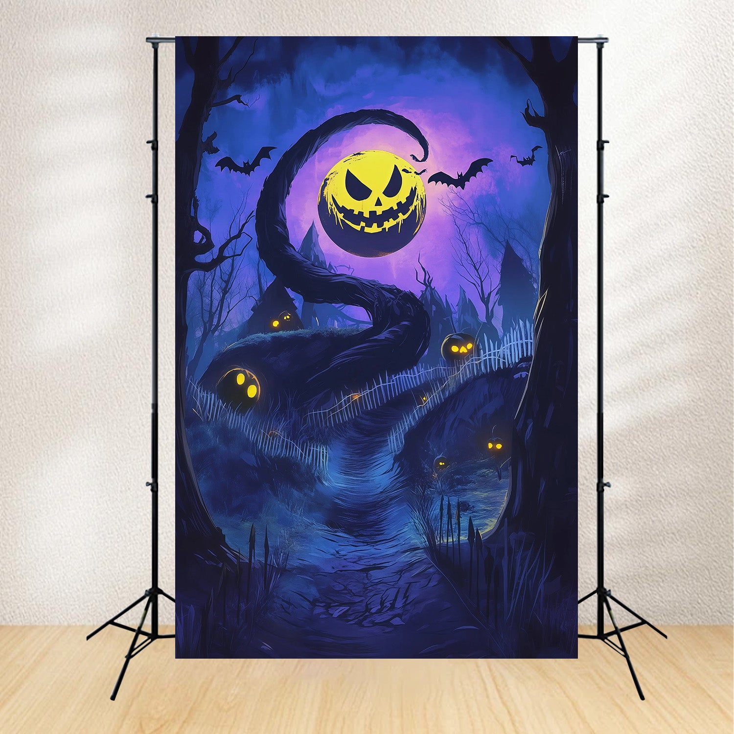 Outdoor Halloween Backdrop Twisted Pumpkin Moon Trail Spooky Halloween Backdrop RR67-158