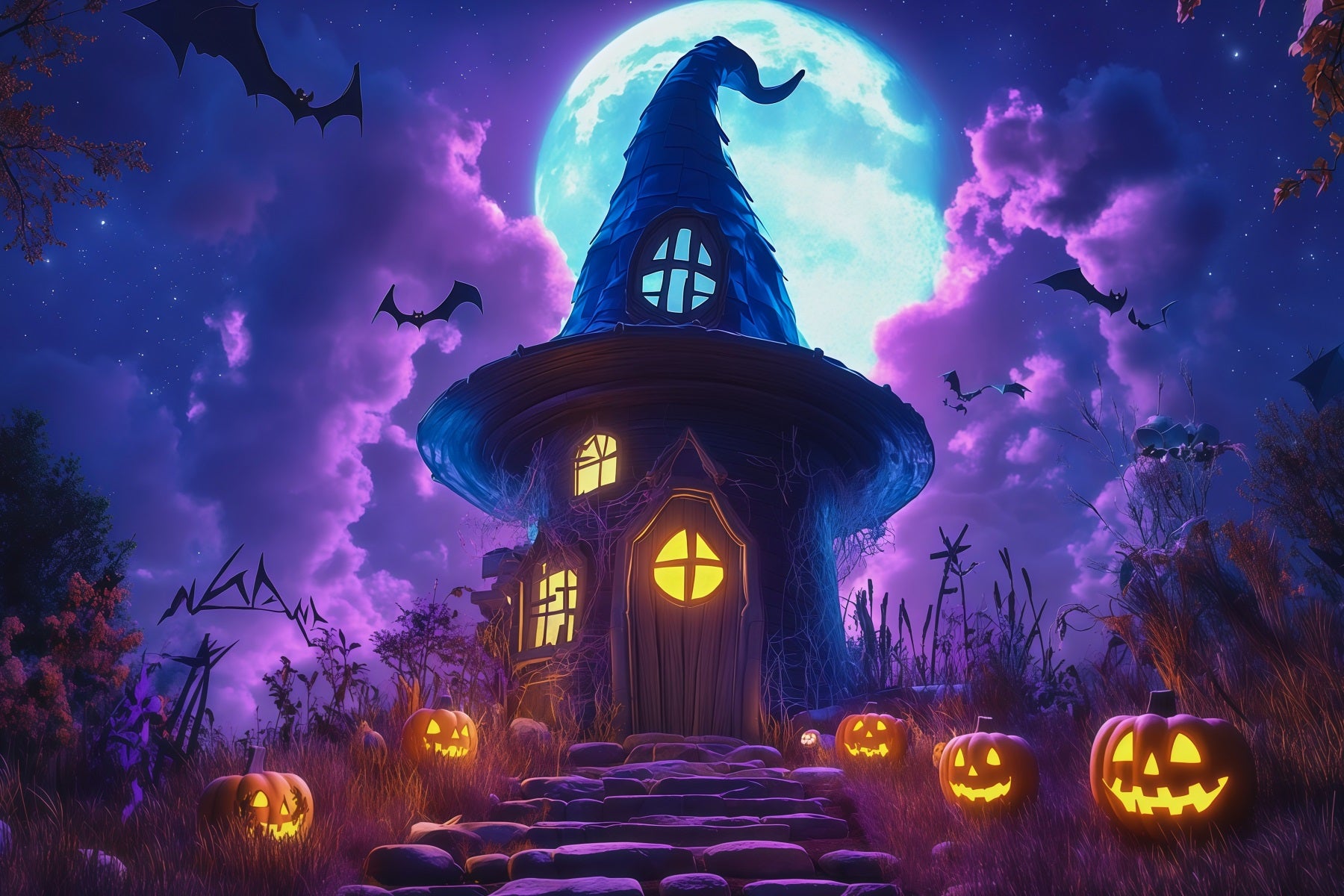 Halloween Castle Backdrop Moonlit Witch House Pumpkins Large Halloween Backdrop RR67-16