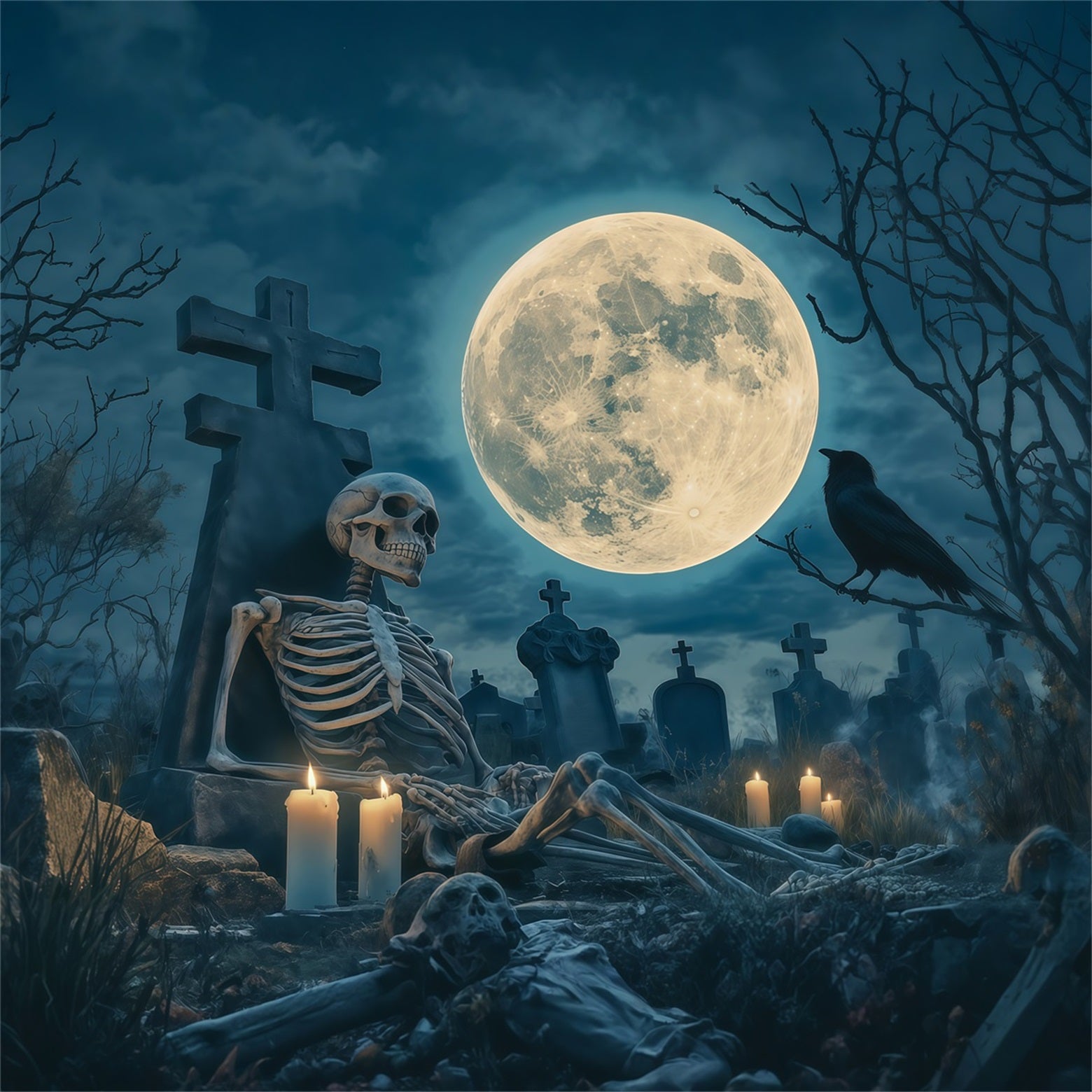 Halloween Skeleton Backdrop Moonlit Cemetery Vigil Black Halloween Backdrop RR67-163
