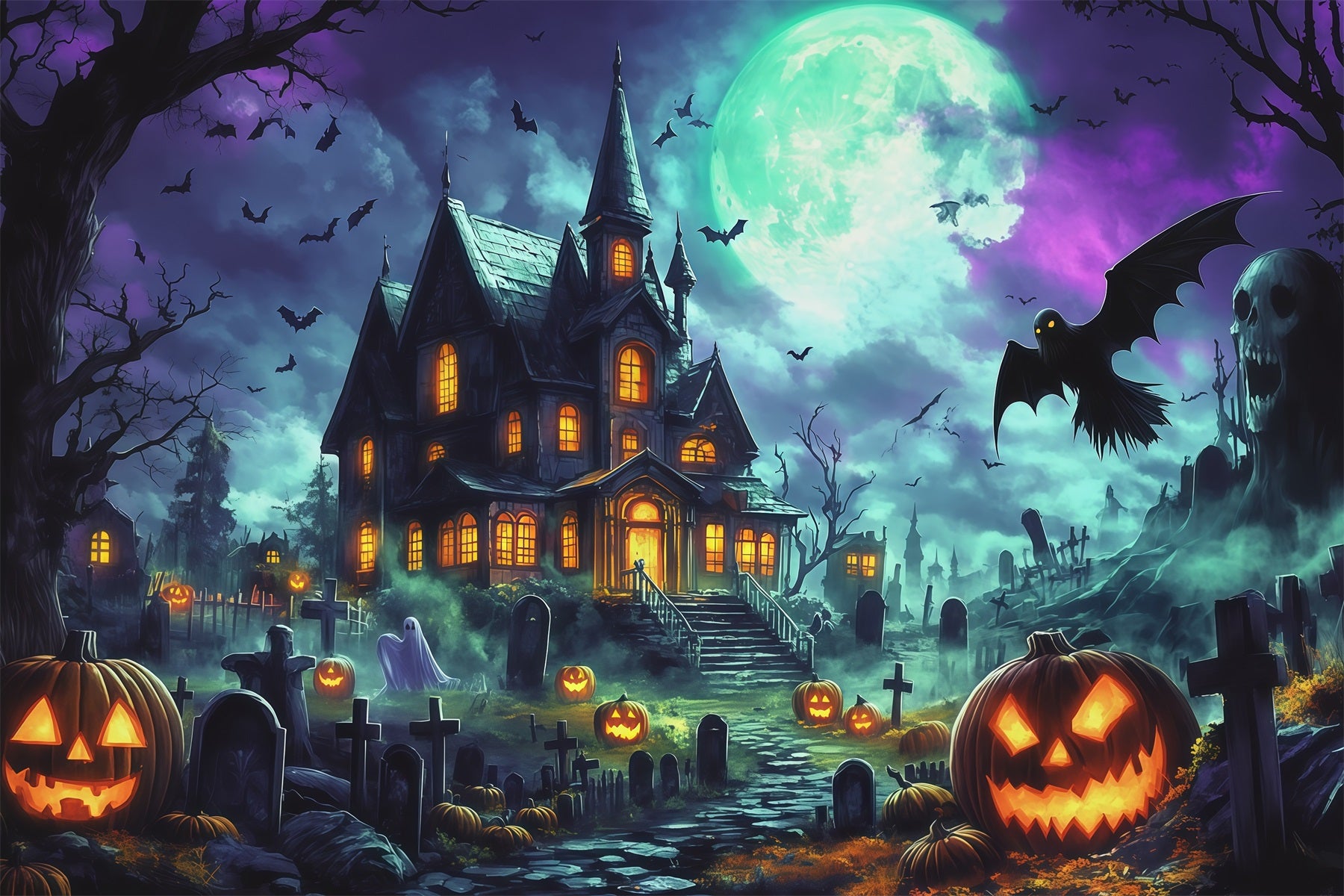 Halloween Backdrop Haunted House Moonlit Pumpkin Manor Magical Christmas Backdrop RR67-165