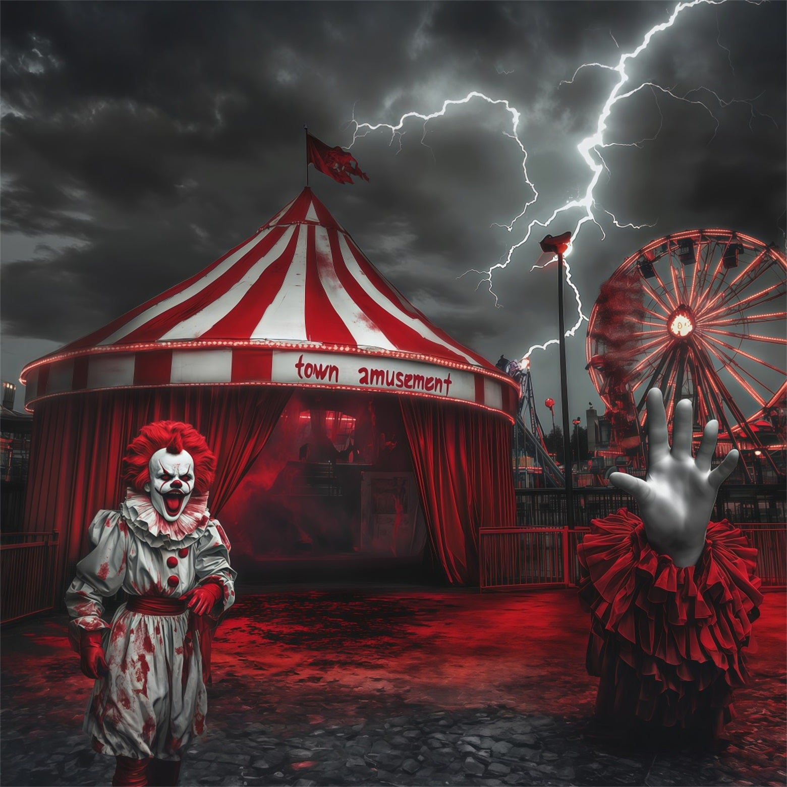 Scary Carnival Backdrop Stormy Clown Entrance Halloween Fabric Backdrop RR67-166