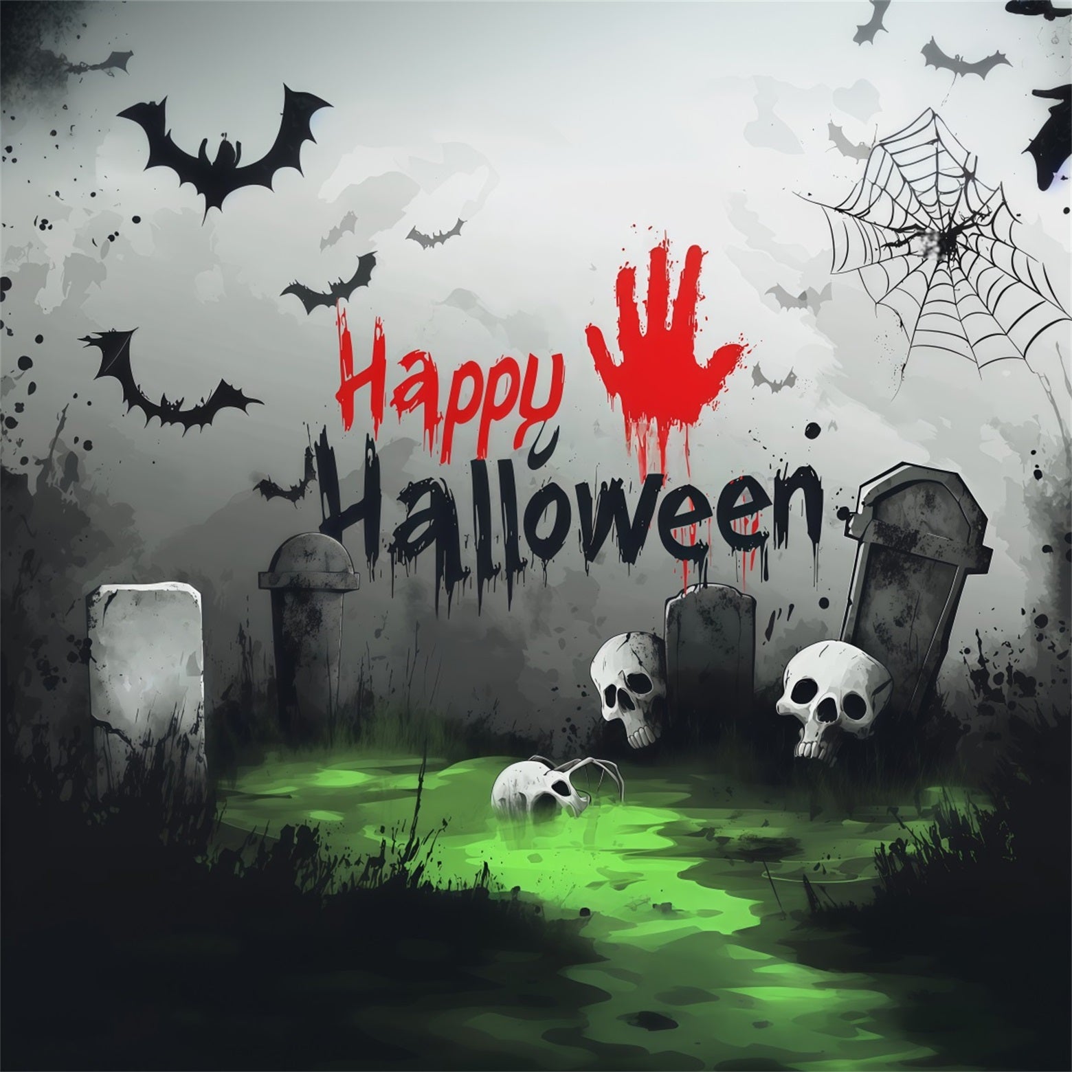Tombstone Backdrop Bloody Handprint Skull Graveyard Halloween Party Picture Backdrop RR67-168