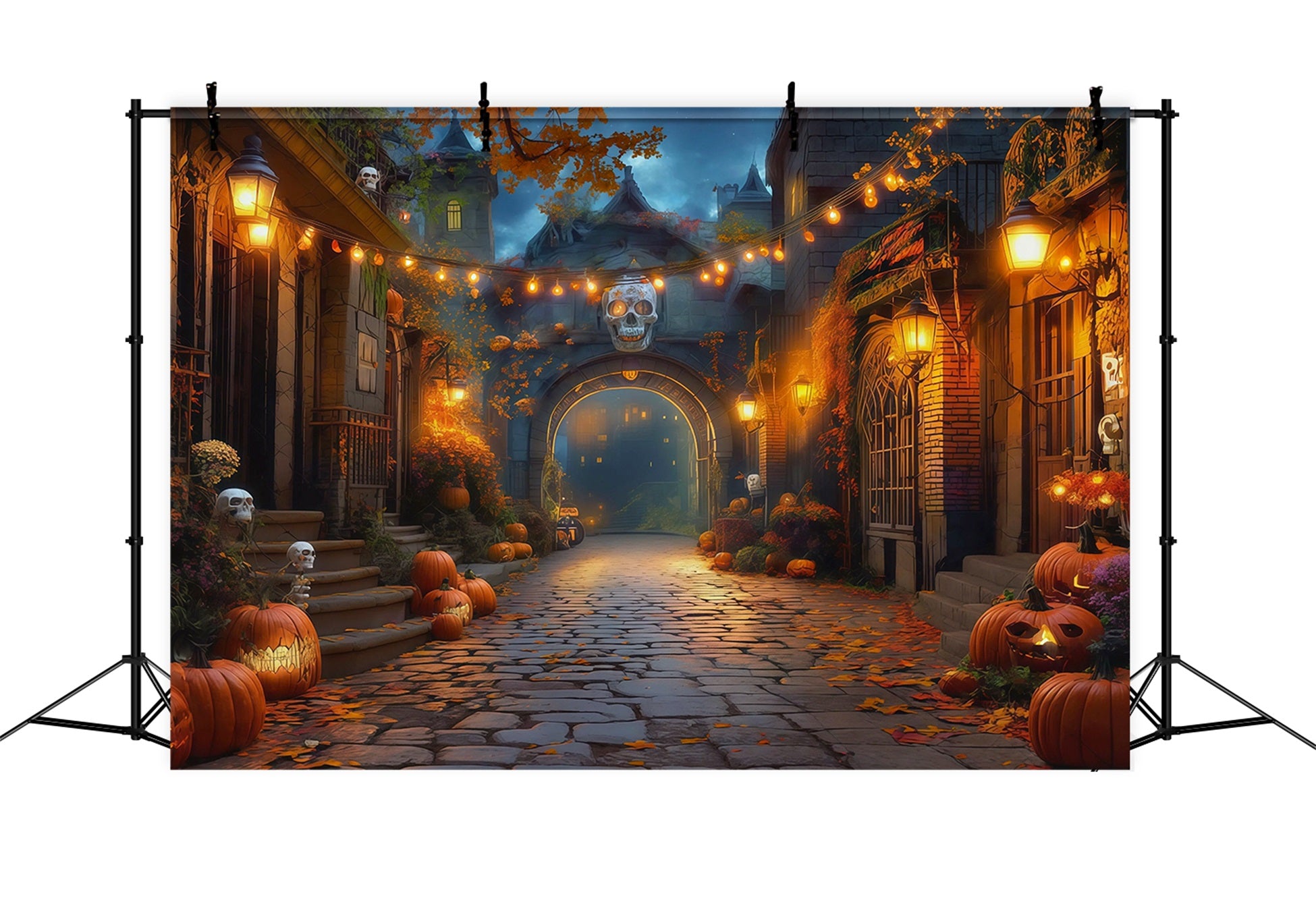 Fall Halloween Backdrop Pumpkin Alley Skull Lanterns Scary Halloween Backdrops RR67-17