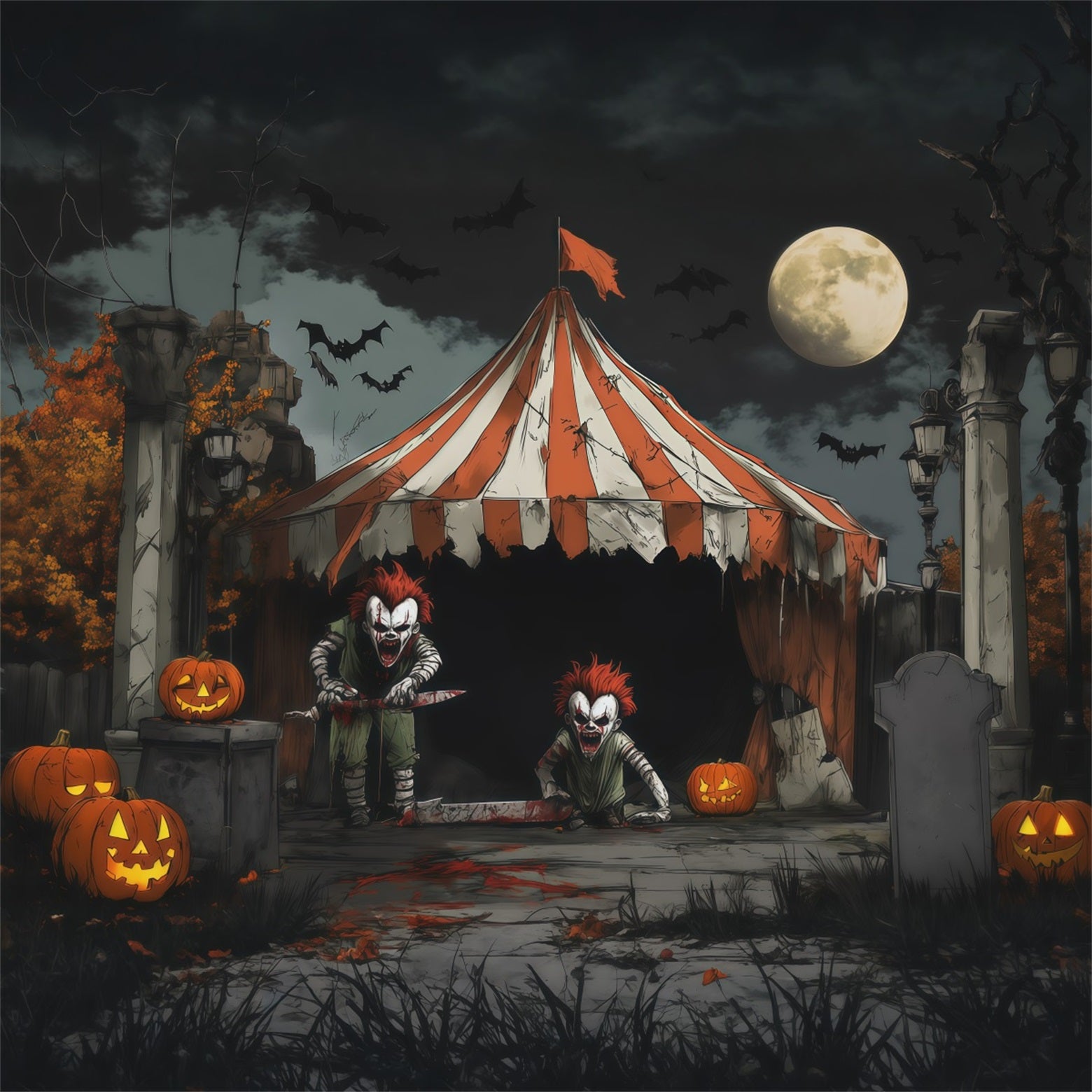Creepy Clown Backdrop Moonlit Killer Circus Halloween Themed Backdrops RR67-172