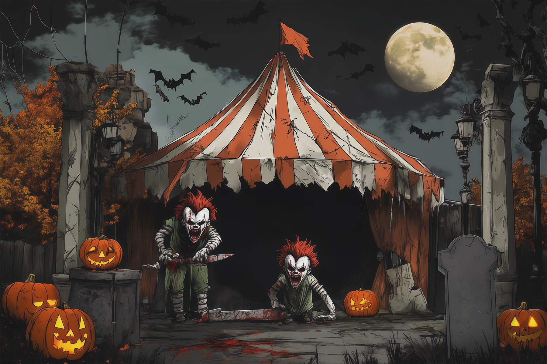 Creepy Clown Backdrop Moonlit Killer Circus Halloween Themed Backdrops RR67-172