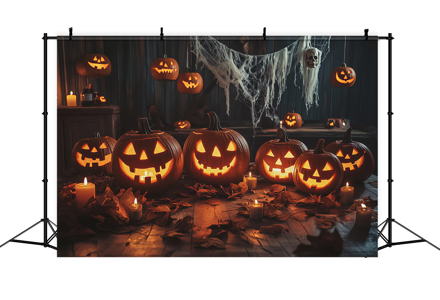Pumpkin Halloween Backdrop Candlelit Gathering Table Halloween Party Backdrops RR67-174