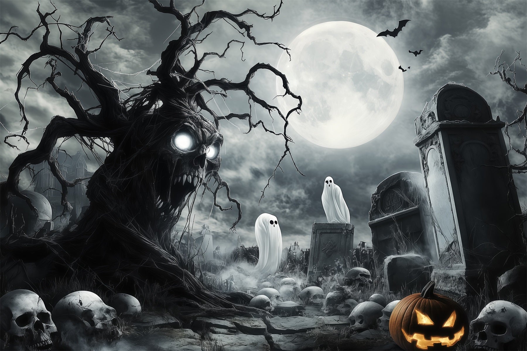 Halloween Ghost Backdrop Ghostly Skull Tree Graveyard Scary Halloween Backdrop RR67-18