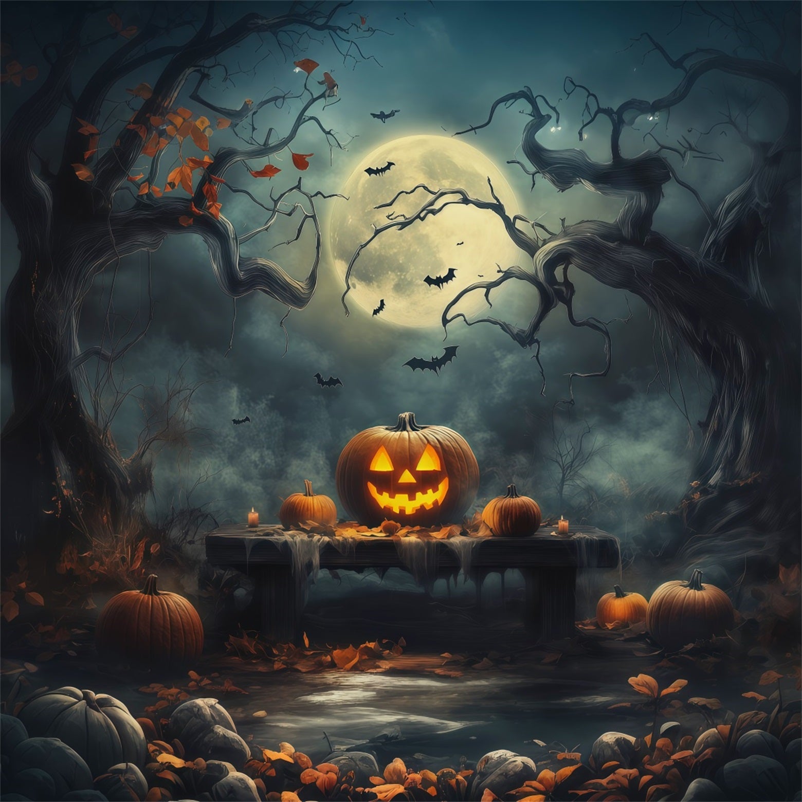Halloween Backdrop With Pumpkins Moonlit Forest Table Photo Booth Halloween Backdrop Ideas RR67-180