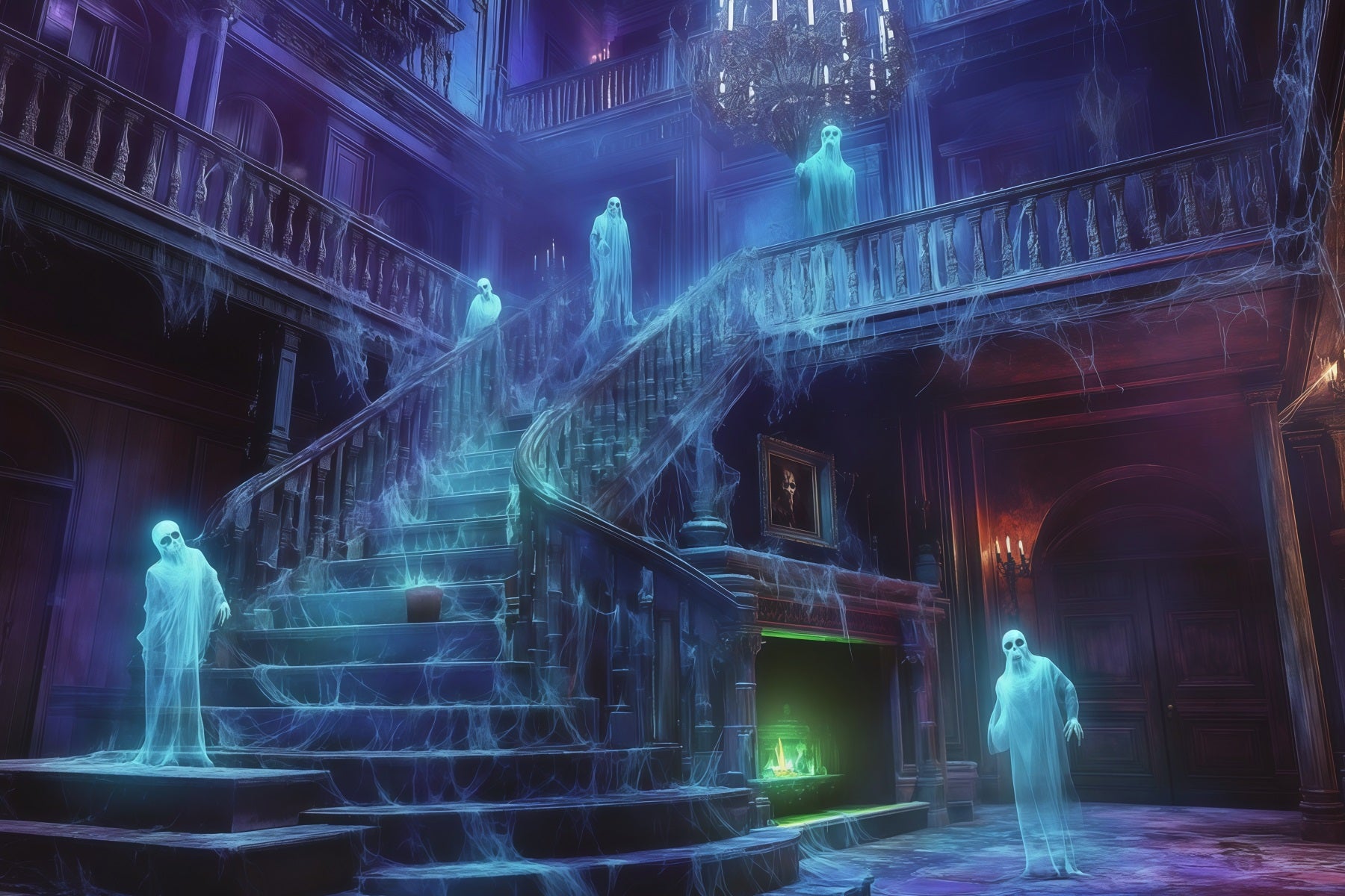Backdrops Inside Haunted House Ghostly Cobweb Mansion Staircase Halloween Spooky Backdrop RR67-186