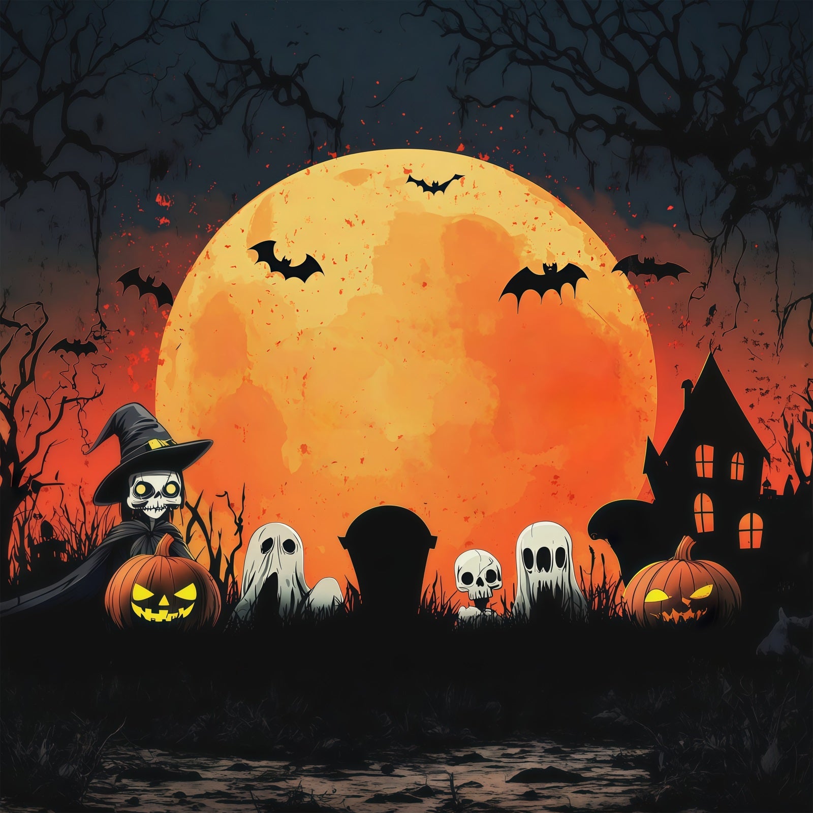 Backdrop Halloween Photo Booth Orange Moon Ghost Gathering Halloween Party Photo Backdrop RR67-20